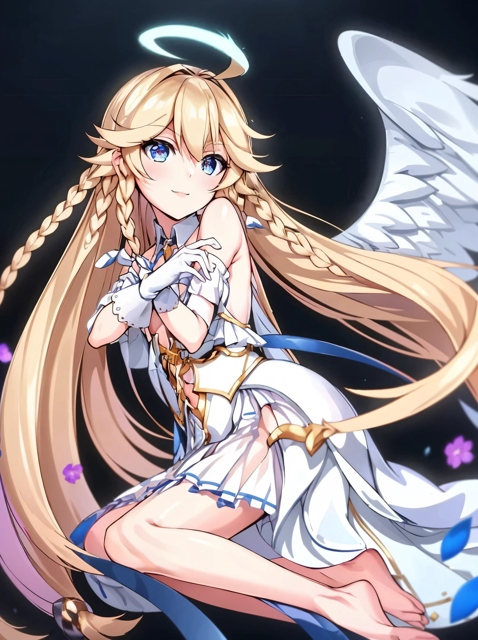 (masterpiece, best quality, high quality, high resolution:1.2), 超high resolution, ridiculous, sharp focus, detailed,
permanent, medium shot,
1 girl, e7 America Online, blonde hair, long hair, long braids, small breasts, flat chest, blue eyes, White summer dress, White gloves, angel wings, halo,
looking at the audience, student, finely-detailed eyes, Smile,
perfect hands, skinny, detailed skin, shiny skin,
outdoor, garden, daytime,
detailed background, colorful, subsurface scattering, Volumetric lighting, extremely detailed
