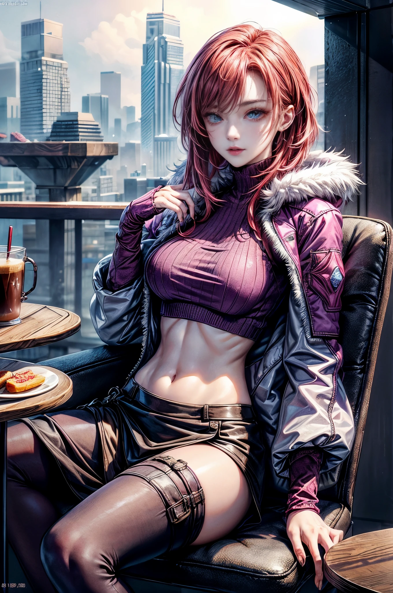 cinematic lighting、highly detailed skin,1 girl, highest quality,cyberpunk,(dim color, soothing tone:1.3),(20 year old beautiful woman、Detailed beautiful facial features、medium bob red hair、blue eyes、slender body、)()Laugh with joy:1.3)eyes on me、BREAK.Voluminous down jacket with pink fur for winter、Purple knit top with exposed belly button、Pantyhose under rock style tight miniskirt（iron table）（sit on a chair、hot coffee on hand:1.3）morning、早morning、仕事のmorning、Eating breakfast at a cafe in a high-rise building
