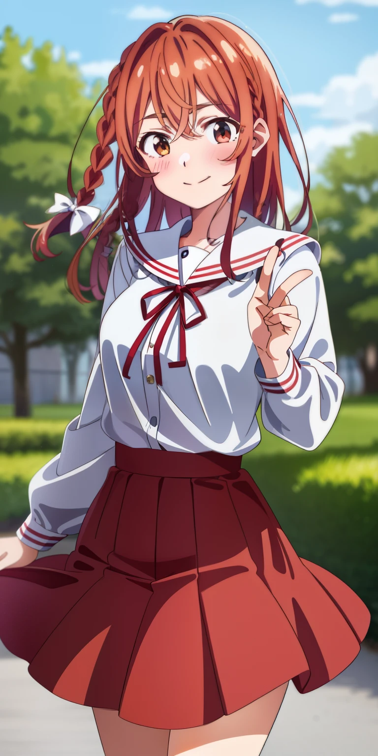 2d, masterpiece, best quality, anime, highly detailed, 1girl, solo, cowboy shot, sumi, single braid, side braid, hair bow, white bow, white shirt, long sleeves, sailor collar, red ribbon, red skirt, pleated skirt, embarrassed, blush, smile, outdoors