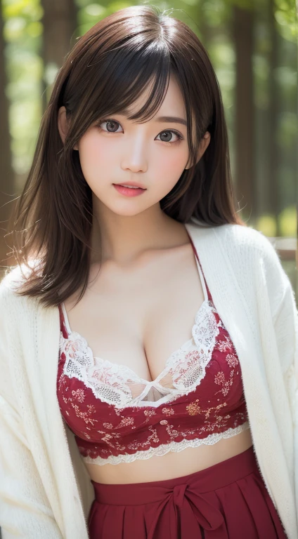 smile、Raw photo、(((ultimate beauty portrait)))、((glowing skin))、Japanese、20age、bright red lips、white lace underwear、bright look、((brown hair))、(cleavage)、Long flared skirt、((Big eyes that shine like jewels))、black open cardigan、open your clothes、pantyhose、Glossy and glossy skin、(medium hair)、(silky hair)、(standing)、(from below)、under the skirt、(from below下着の接写)、eyeliner、beautiful bangs、hair between eyes、((masterpiece、最high quality、super detailed、film light、intricate details、High resolution、very detailed))、detailed background、8KUHD、Digital single-lens reflex camera、soft light、high quality、film grain、Fujifilm XT3 、shallow depth of field、natural soft light、Kamimei、rich bust