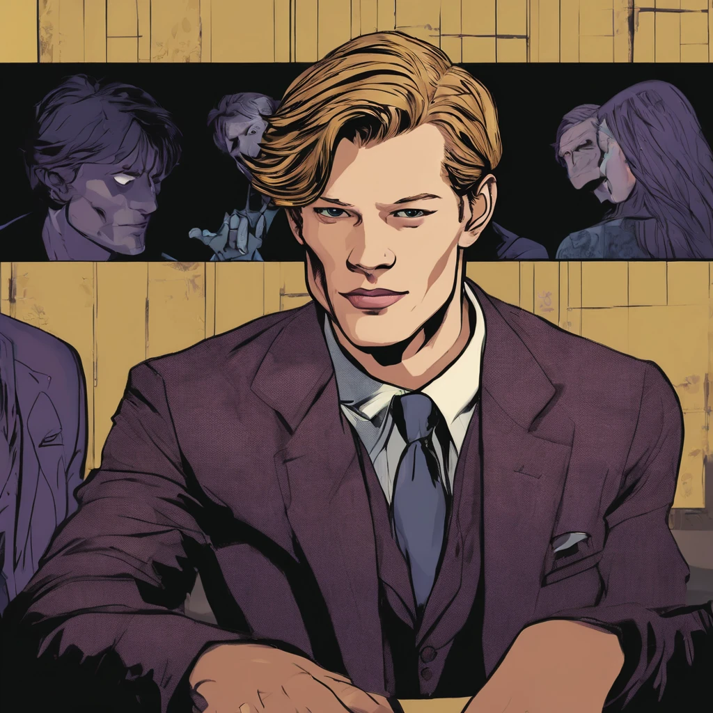 Lucas Till as a detective in a suit, (unrealistic), (night sight), (comic style), detailed face and suit, dark shadows, vivid colors, dramatic lighting