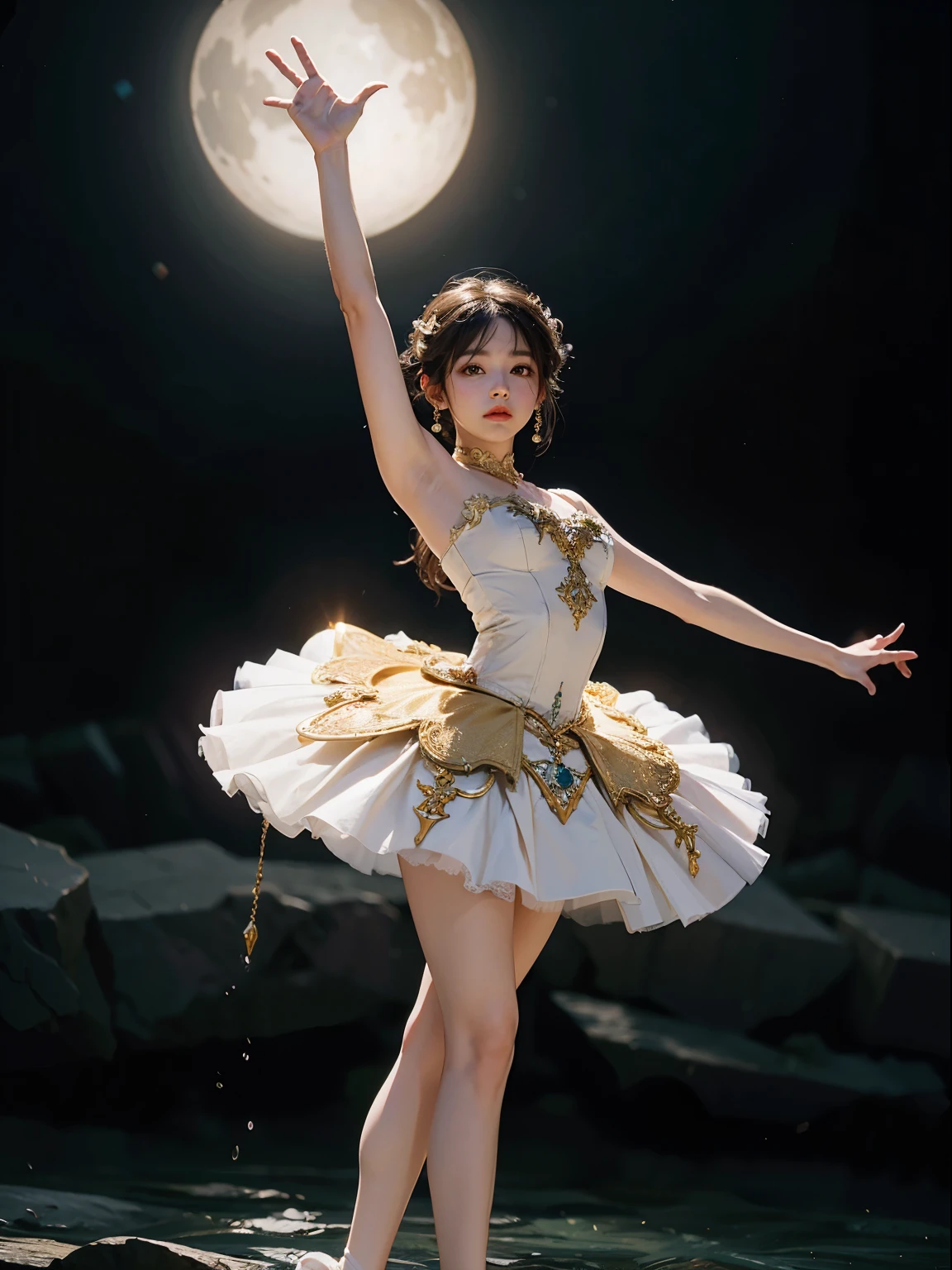 fantasy, high quality, 8K, realistic,photo realistic,RAW photo,photography,High resolution, ultra-definition, highest quality,Dramatic lighting, glitter effect, from below, midnight, moonlight, ballet、Swan Lake、深い森の中の湖、full body,break,
神秘的な湖の上で月光を浴びて優雅にバレエを踊るプリマドンナの少女、Arabesque pose、孤独、1 girl、((luxurious and delicate white tutu)),semi-long hair,black hair,black eyes、綺麗な足、Ballet Pointe Shoes, 