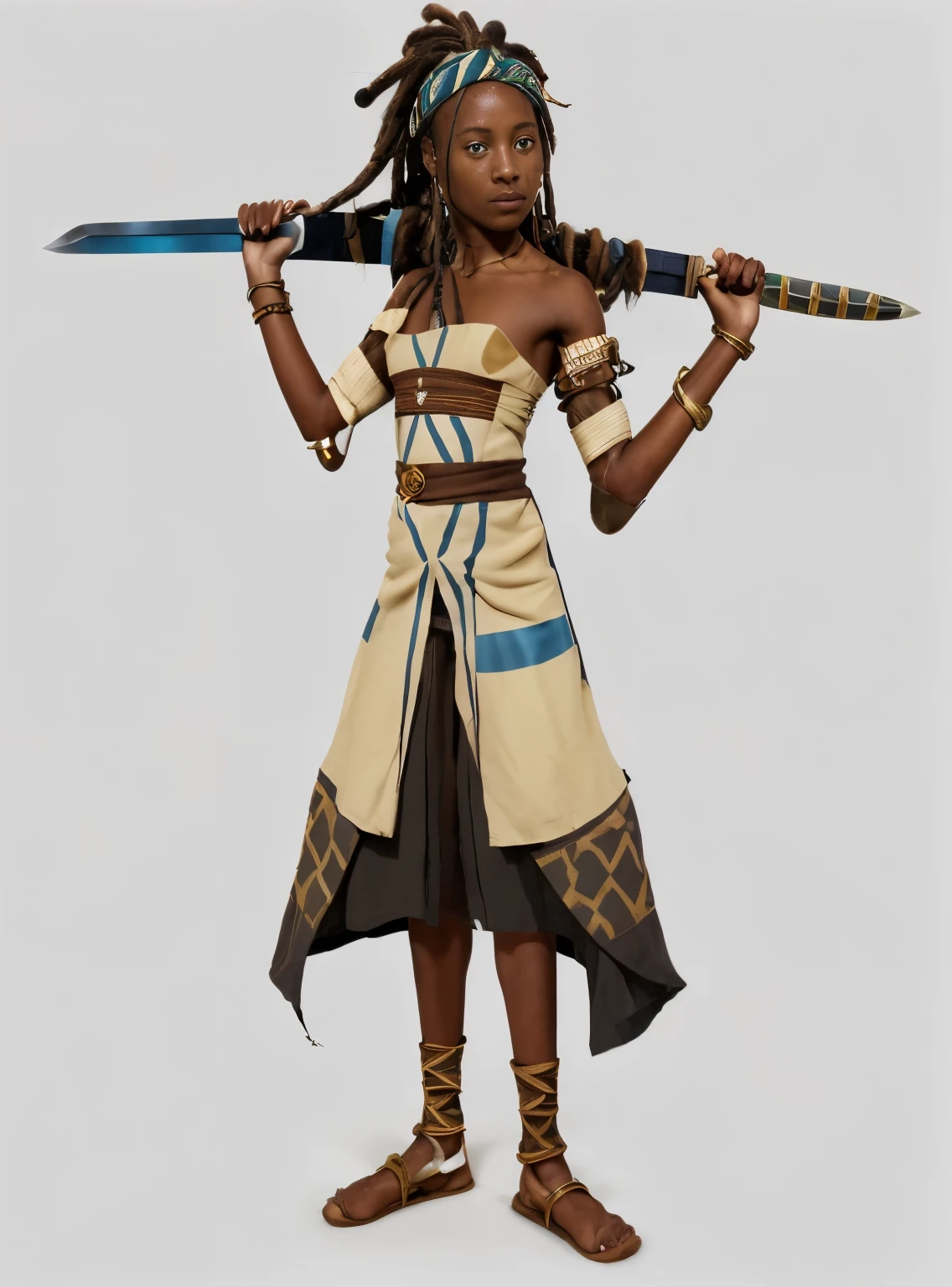 an african girl with dreadlocks, a tan tunic with brown and blue stripes, a headband, and carrying a sword with a golden hilt and black blade