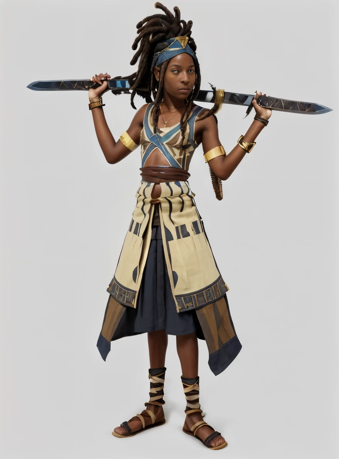an african girl with dreadlocks, a tan tunic with brown and blue stripes, a headband, and carrying a sword with a golden hilt and black blade 