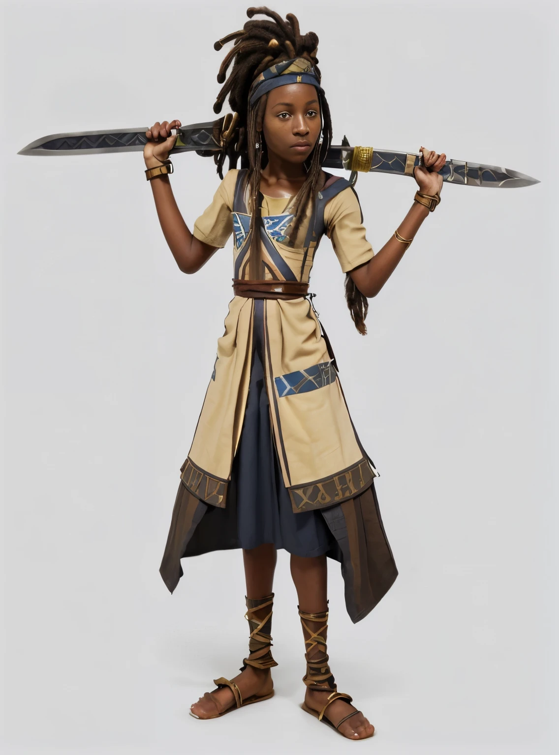 an african girl with dreadlocks, a tan tunic with brown and blue stripes, a headband, and carrying a sword with a golden hilt and black blade