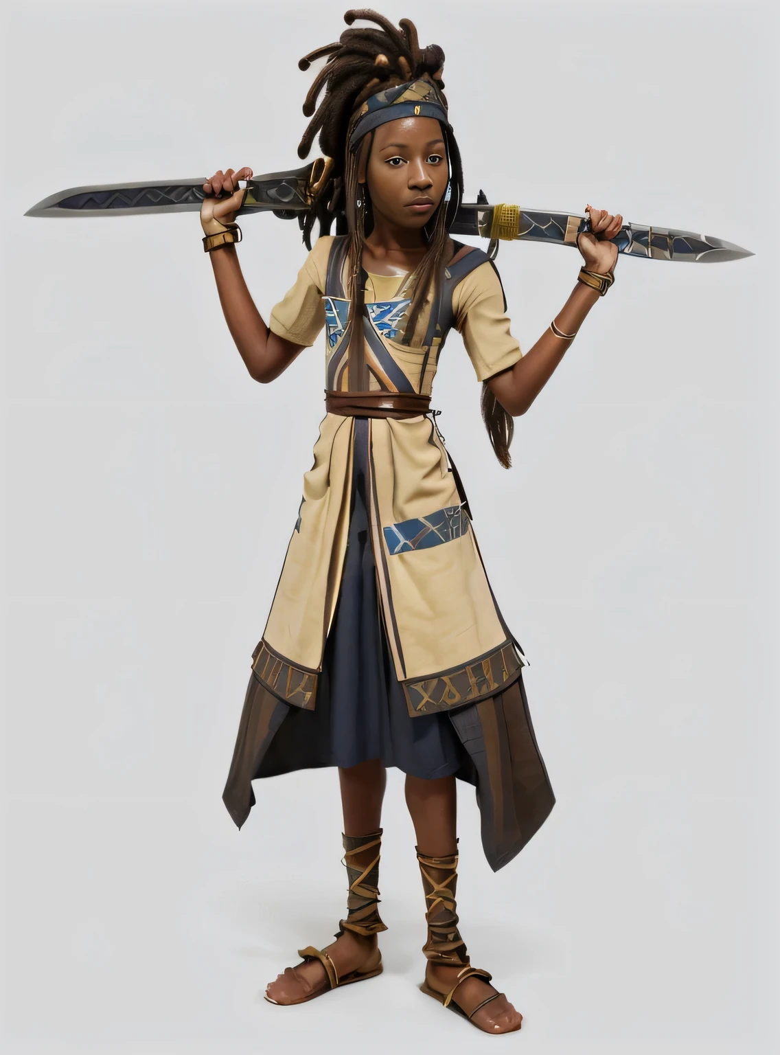 an african girl with dreadlocks, a tan tunic with brown and blue stripes, a headband, and carrying a sword with a golden hilt and black blade
