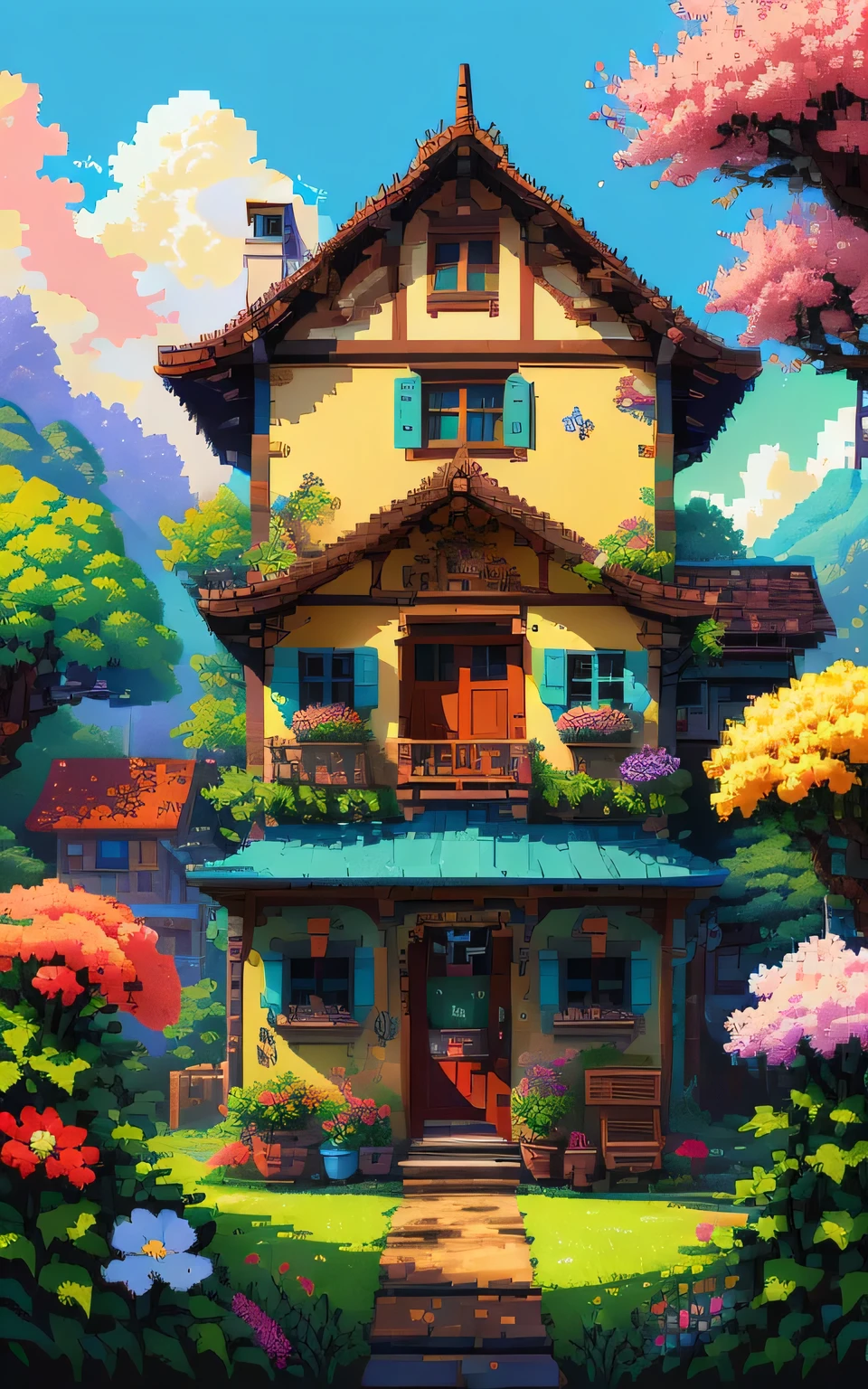 beautiful colorful house, Pixel art, Ghibli style, beautiful anime, colorful, flowers, nostalgic, exuberant, minimalist drawing style, (intricate details, masterpiece, best quality:1.4), UHD, 8k, high resolution,