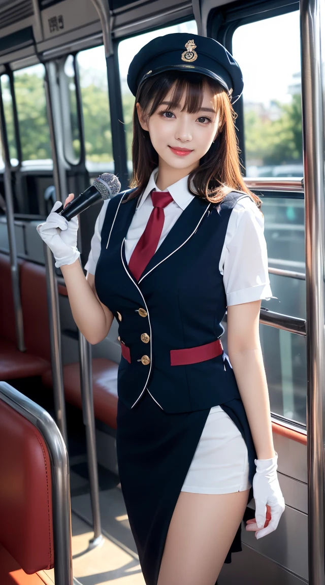 (((full body,including legs)))、(((perfect uniform of Japanese stewardess, blue striped necktie, vest-dress uniform、small hat, white formal short gloves,(black high-heel), ((with a mini mic in her hand))),bus guide,日本のバスガイド、little smile,white blouse,tight blouse)))、(((navy bowler hat),navy hat)), white gloves, short gloves, high heel、Dressed up、(Photo real:1.4)、(A hyper-realistic:1.4)、(Photorealistic:1.3)、 (gentle lighting: 1.05)、(Improve the lighting quality of your video:0.9)、32k、 1Girl、28years old girl、photorealistic lighting、Back lighting、Facial Lights、Ray Trace、(bright:1.2)、(Increase quality:1.4)、 (best quality real texture skin)、Fair eyes,Delicate and delicate face, Close-up of the breasts, white blouse,tight blouse,tight vest-dress uniform, (Bodyline mood improvement:1.1)、goofigure,Glossy skin、wavy hair,blonde hair,韓国アイドル、乃木坂アイドル、Sculptural Idol Pose、little smile,blush,Beautiful actress、Neat woman,whole body, (((midium breasts,beautiful breasts))),(perfect row of teeth),slender waist and hip,beautiful long legs,full shot)、((8heads tall)、(((誘惑している、恥ずかしい)))、dynamic pose,gravure pose,(eye shadow),((red cheek、red lips)),Super Clean Night View、night time、blush,little smile,(((full shot)))、(((in the bus))),