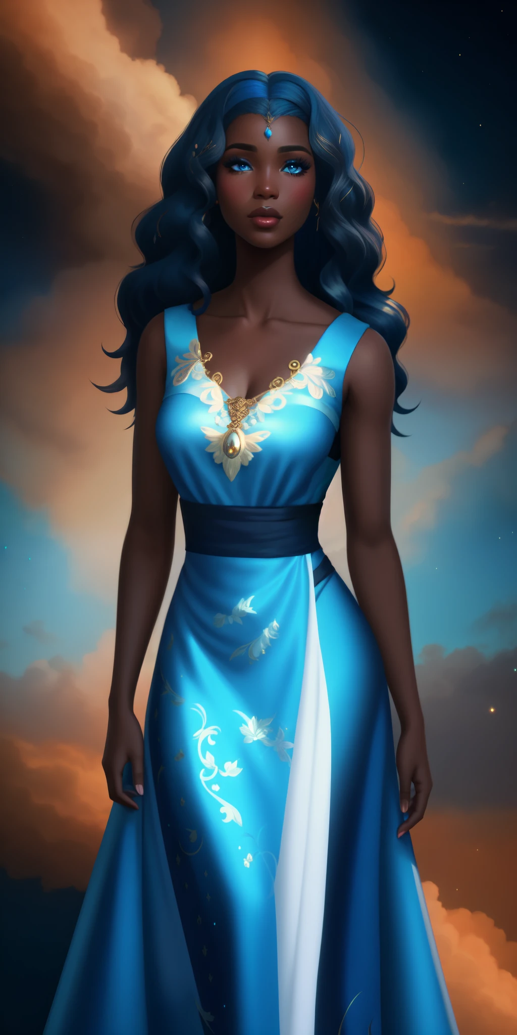 painting of a Congolese black woman in a blue dress with a sky background, dark skin female goddess of love, light blue dress portrait, digital art of an elegant, epic 3d oshun, azure. detailed hair, the greek goddess aphrotite, blue swirling dress, charlie bowater art style, anky moore, ((a beautiful fantasy empress)), beautiful digital illustration, character art closeup