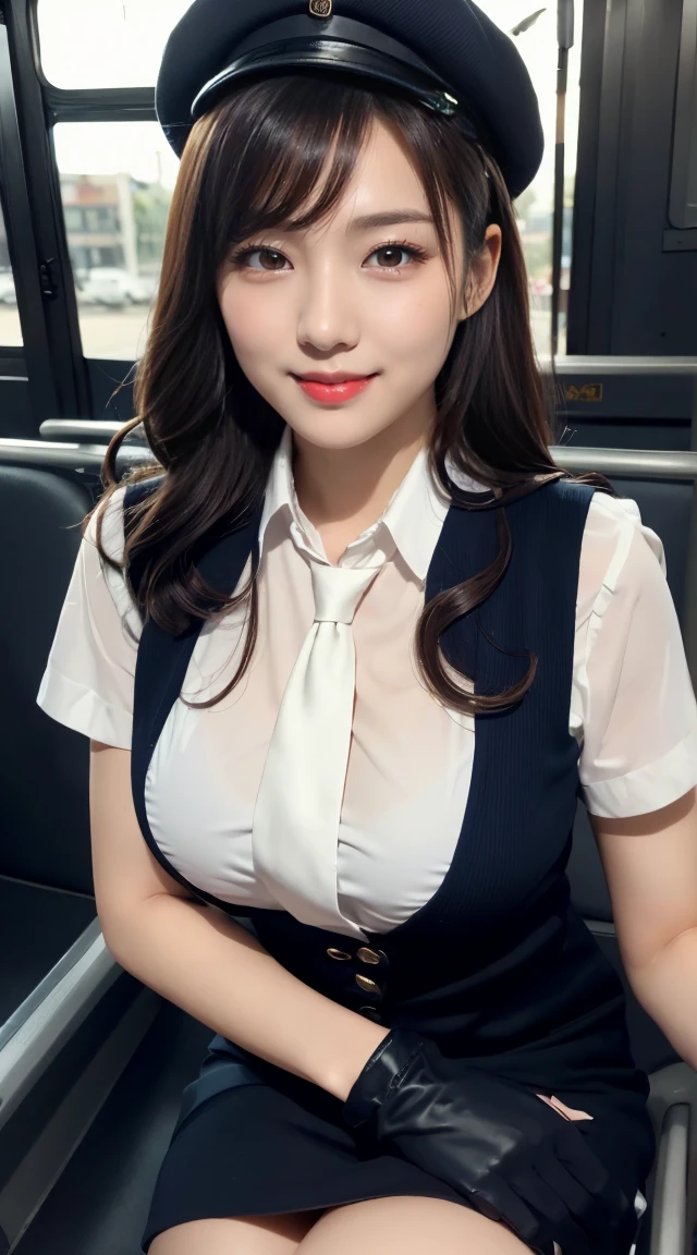 (((full body,including legs)))、(((perfect uniform of Japanese stewardess, blue striped necktie, vest-dress uniform、small hat, white formal short gloves,(black high-heel), ((with a mini mic in one hand))),bus guide,日本のバスガイド、little smile,white blouse,tight blouse)))、(((navy bowler hat),navy hat)), white gloves, short gloves, high heel、Dressed up、(Photo real:1.4)、(A hyper-realistic:1.4)、(Photorealistic:1.3)、 (gentle lighting: 1.05)、(Improve the lighting quality of your video:0.9)、32k、 1Girl、28years old girl、photorealistic lighting、Back lighting、Facial Lights、Ray Trace、(bright:1.2)、(Increase quality:1.4)、 (best quality real texture skin)、Fair eyes,Delicate and delicate face, Close-up of the breasts, white blouse,tight blouse,tight vest-dress uniform, (Bodyline mood improvement:1.1)、goofigure,Glossy skin、wavy hair,blonde hair,韓国アイドル、乃木坂アイドル、Sculptural Idol Pose、little smile,blush,Beautiful actress、Neat woman,whole body, (((midium breasts,beautiful breasts))),(perfect row of teeth),slender waist and hip,beautiful long legs,full shot)、((8heads tall)、(((誘惑している、恥ずかしい)))、dynamic pose,gravure pose,(eye shadow),((red cheek、red lips)),Super Clean Night View、night time、blush,little smile,(((full shot)))、(((in the bus))),