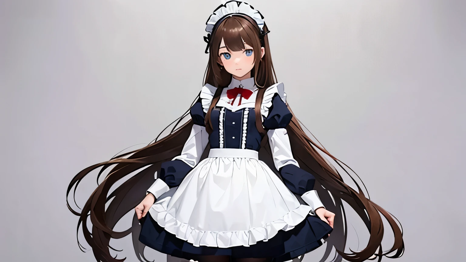 simple white background BREAK {(centered:1.5, full body), 1girl, standing:1.1}, {white knee-high socks, maid costume, expressive eyes, perfect face, detailed:1.1, (detailed brown hair, flowing brown hair), blue eyes}
