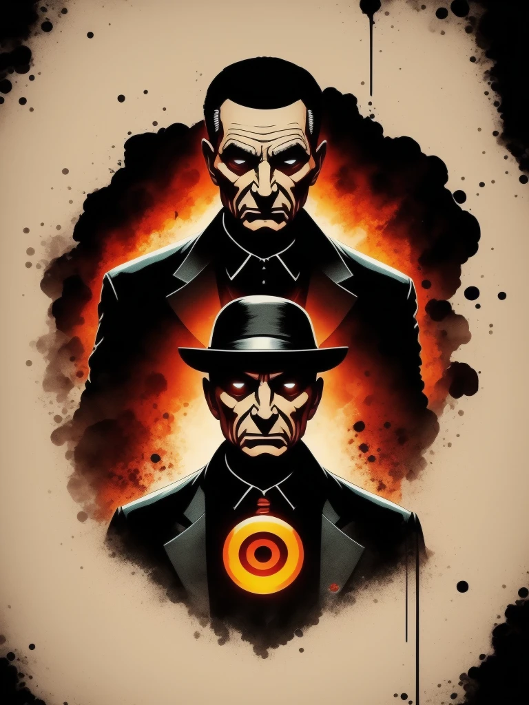 Oppenheimer (filme), Arte em camisetas, 2D, ((fundo preto :1, 5)), Vetor, cores vivas, obra de arte, melhor qualidade, detalhes intrincados, perfect symmetrical face, detalhes realistas, gothic theme, Luz de aro, luar, cinematic shading