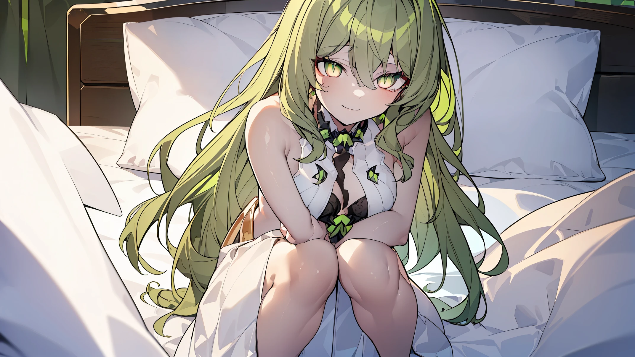 1 girl,Best quality, tmasterpiece, Long green hair, beautiful,detailed eyes, HD, extremely detailed, Visually inspect the audience, The face is slightly red,is shy,full bodyesbian,adolable,Lori small breasts cleavage,white dresses, (sitting on his knees on the bed:1.4), (solo:1.6), evil smile, (green eyes with beautiful pupils:1.7),