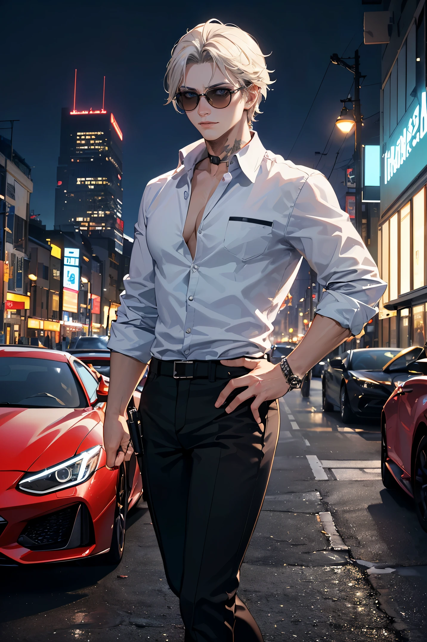 ((Atualmente, A cute and beautiful Man with a dagger in her hand), ((Mafia)), ((sorriso travesso), ((cabelos longos exuberantes)), ((black pants)), (( olhos gradientes)), ((The background is a night view of the city with various sports cars and mafia)), ((camisa social branca)), (Homem chefe de mafia)), ((wearing sunglasses)), ((cabelos platinados)), rosto atraente e masculino, ((Man holding a gun in his hand)), scenario, Yakuza, UHigh definition, retina, obra de arte, preciso, anatomical, Cientificamente correto, Pele texturizada, super detalhe, altamente detalhado, alta qualidade, premiado, maximum quality, High definition, 1080P, High definition, 4k, 8k, 16k