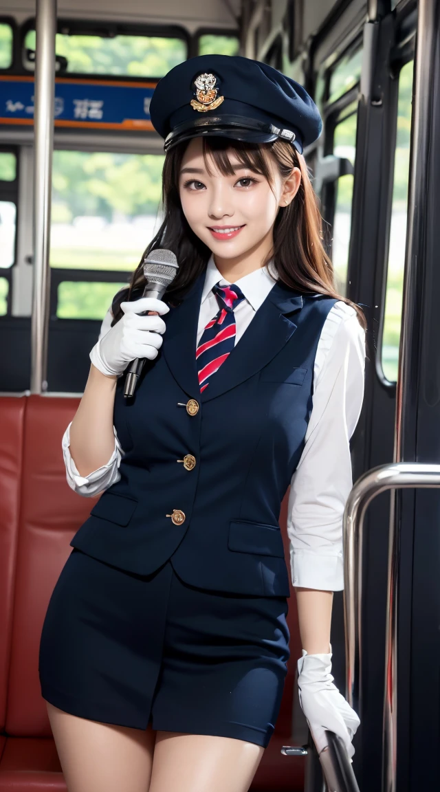 (((full body,including legs)))、(((perfect uniform of Japanese stewardess, blue striped necktie, vest-dress uniform、small hat, white formal short gloves,(black high-heel),  ((with a mini mic in her hand))),bus guide,日本のバスガイド、little smile,white blouse,tight blouse)))、(((navy bowler hat),navy hat)), white gloves, short gloves,  high heel、Dressed up、(Photo real:1.4)、(A hyper-realistic:1.4)、(Photorealistic:1.3)、 (gentle lighting: 1.05)、(Improve the lighting quality of your video:0.9)、32k、 1Girl、28years old girl、photorealistic lighting、Back lighting、Facial Lights、Ray Trace、(bright:1.2)、(Increase quality:1.4)、 (best quality real texture skin)、Fair eyes,Delicate and delicate face, Close-up of the breasts, white blouse,tight blouse,tight vest-dress uniform, (Bodyline mood improvement:1.1)、goofigure,Glossy skin、wavy hair,blonde hair,韓国アイドル、乃木坂アイドル、Sculptural Idol Pose、little smile,blush,Beautiful actress、Neat woman,whole body, (((midium breasts,beautiful breasts))),(perfect row of teeth),slender waist and hip,beautiful long legs,full shot)、((8heads tall)、(((誘惑している、恥ずかしい)))、dynamic pose,gravure pose,(eye shadow),((red cheek、red lips)),Super Clean Night View、night time、blush,little smile,(((full shot)))、(((in the bus))),