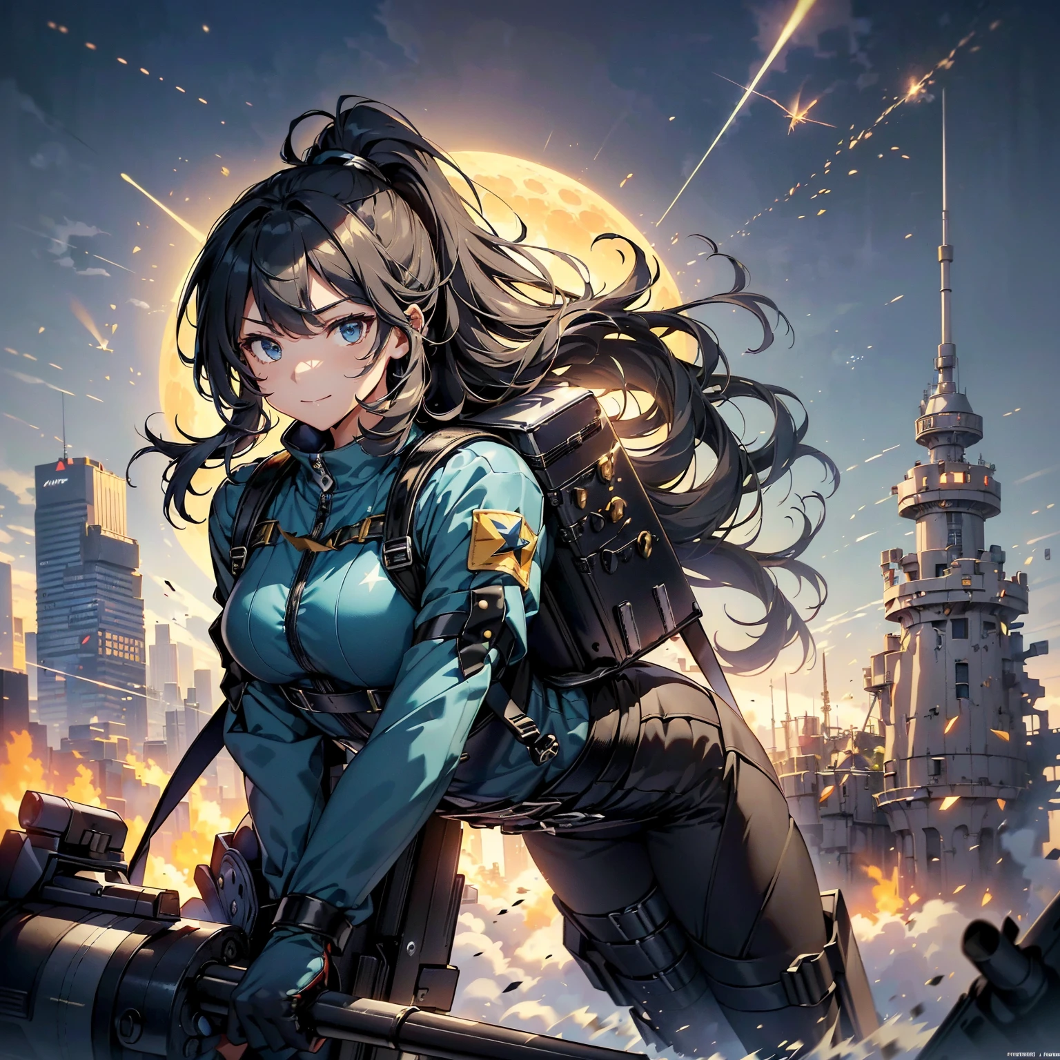 (highest quality，T Masterpiece，final solution，whole body):(Fluffy，24 year old female fighter，Slender、small face、dark blue high knot ponytail、Shiny dark navy blue and black tight combat uniform，tight suit，dynamic angle、dynamic action、(dynamic pose:1.2)、normal posture，normal posture、Gentle smile、Backpack)、(Time Machine、Computer、skyscraper gun、weapons of the future、(Backpack:1.1)、Real World、Plankton rattle field、volumetric fog、gray fog、cigarette、 explosion、apocalyptic、destroyed city background、burning building:1.3、splash of water、starry ski、huge moon、Earth、destroyed giant robot、radio tower、airplane flying overhead、shooting star rocket truck、broken car、derailed train、tank、giant weapon、electronic equipment、Luminous mechanism)