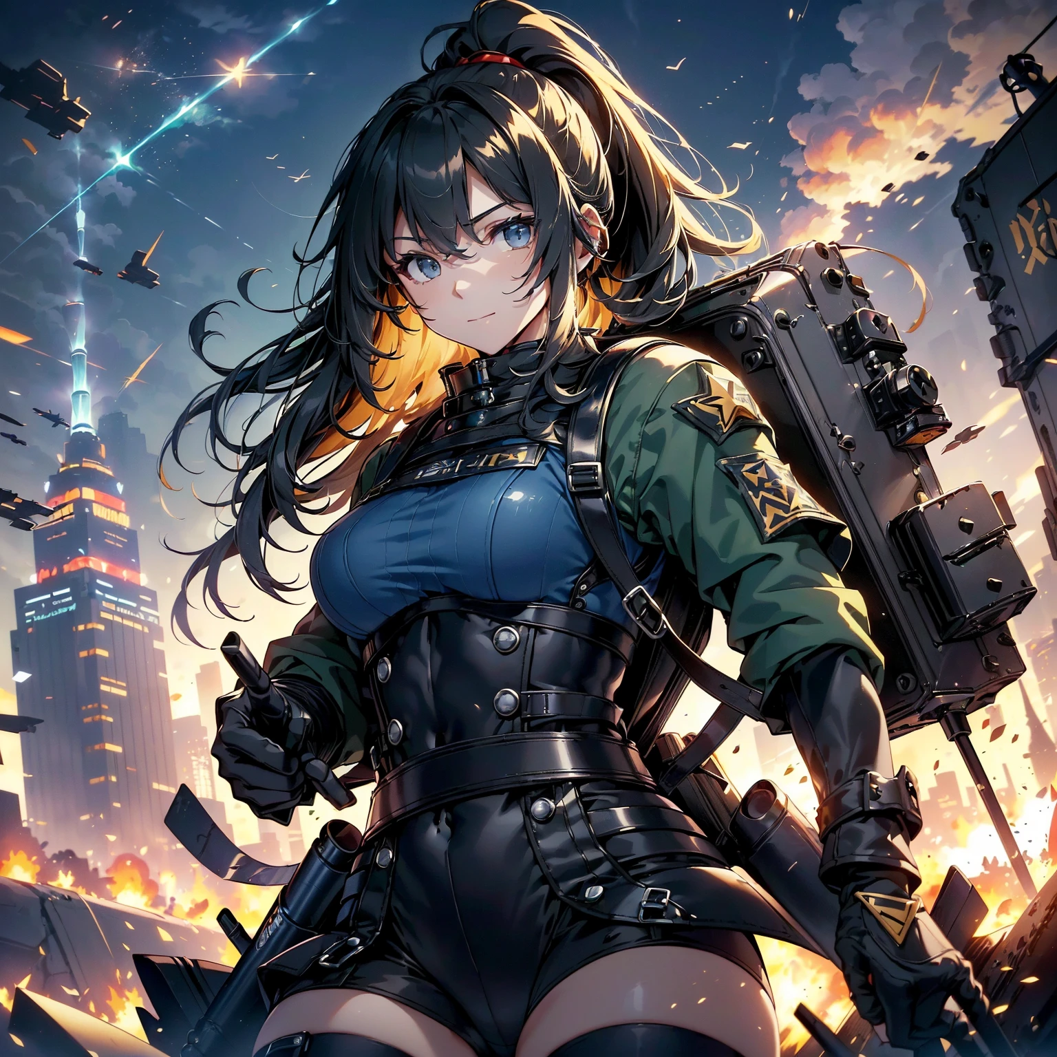 (highest quality，T Masterpiece，final solution，whole body):(Fluffy，24 year old female fighter，Slender、small face、dark blue high knot ponytail、Shiny dark navy blue and black tight combat uniform，tight suit，dynamic angle、dynamic action、(dynamic pose:1.2)、normal posture，normal posture、Gentle smile、Backpack)、(Time Machine、Computer、skyscraper gun、weapons of the future、(Backpack:1.1)、Real World、Plankton rattle field、volumetric fog、gray fog、cigarette、 explosion、apocalyptic、destroyed city background、burning building:1.3、splash of water、starry ski、huge moon、Earth、destroyed giant robot、radio tower、airplane flying overhead、shooting star rocket truck、broken car、derailed train、tank、giant weapon、electronic equipment、Luminous mechanism)