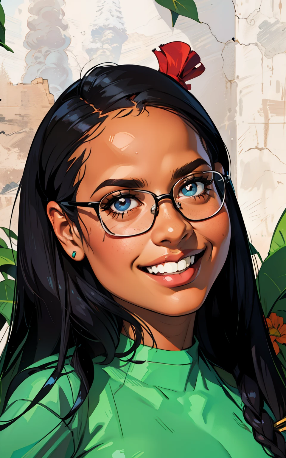 Caricatura, mulher, com oculos, pele negra, sorrindo, estilo realista.