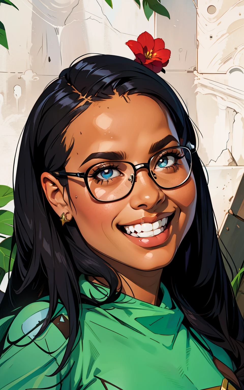 Caricatura, mulher, com oculos, pele negra, sorrindo, estilo realista.