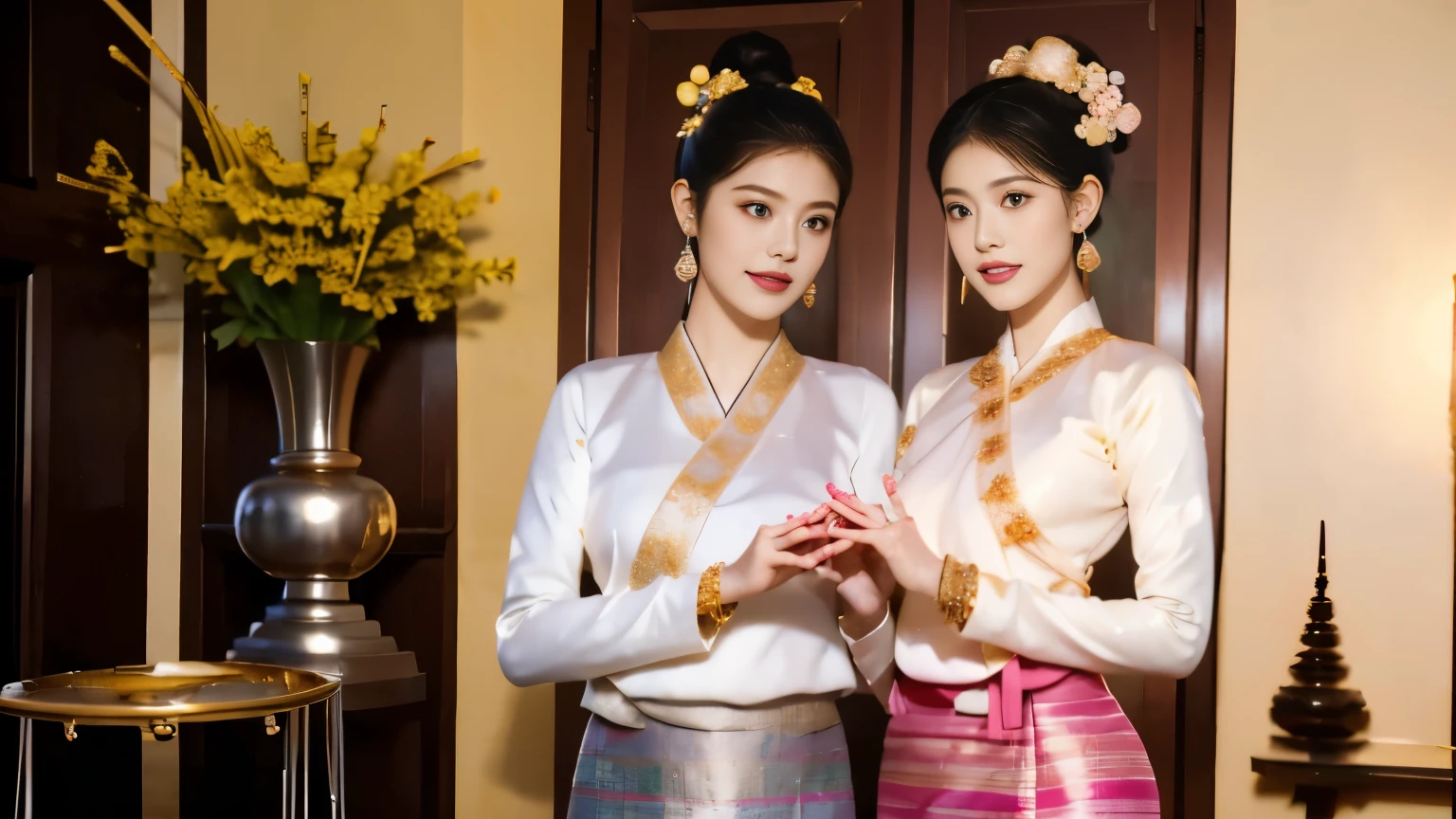master-piece, 1girl best,looking at the audience,full body,Seduction,clean,Exquisite Face,pure face, captivating beautiful eyes, soft pink lips, Fair-skinned,(((beautiful fingers:1.8))),(( northern Thai Lanna Traditional costume)), ((Keng Tong Tai Khun traditional costume)),((Shan dress)), very elegant dress, luxury and very details Tai Khun traditional outfit, white gold color top and red green gold stripes pattern bottom,long-haire messy bun with gold flower hairpin, (((wearing many silver bangle, gold earrings, Thai Lanna gold hairpin))),((perfect female figure)),real person,((big breast : 0.9)), long shot bokeh effect photography.4k,8k resolution quality image.(((masterpiece: 1.5))), Sakura flowers blooming white and Pink color background
