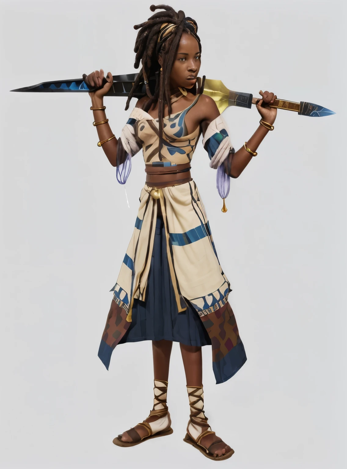 a beautiful femme fatale african girl with dreadlocks, a tan tunic with brown and blue stripes, a headband, and carrying a sword with a golden hilt and black blade