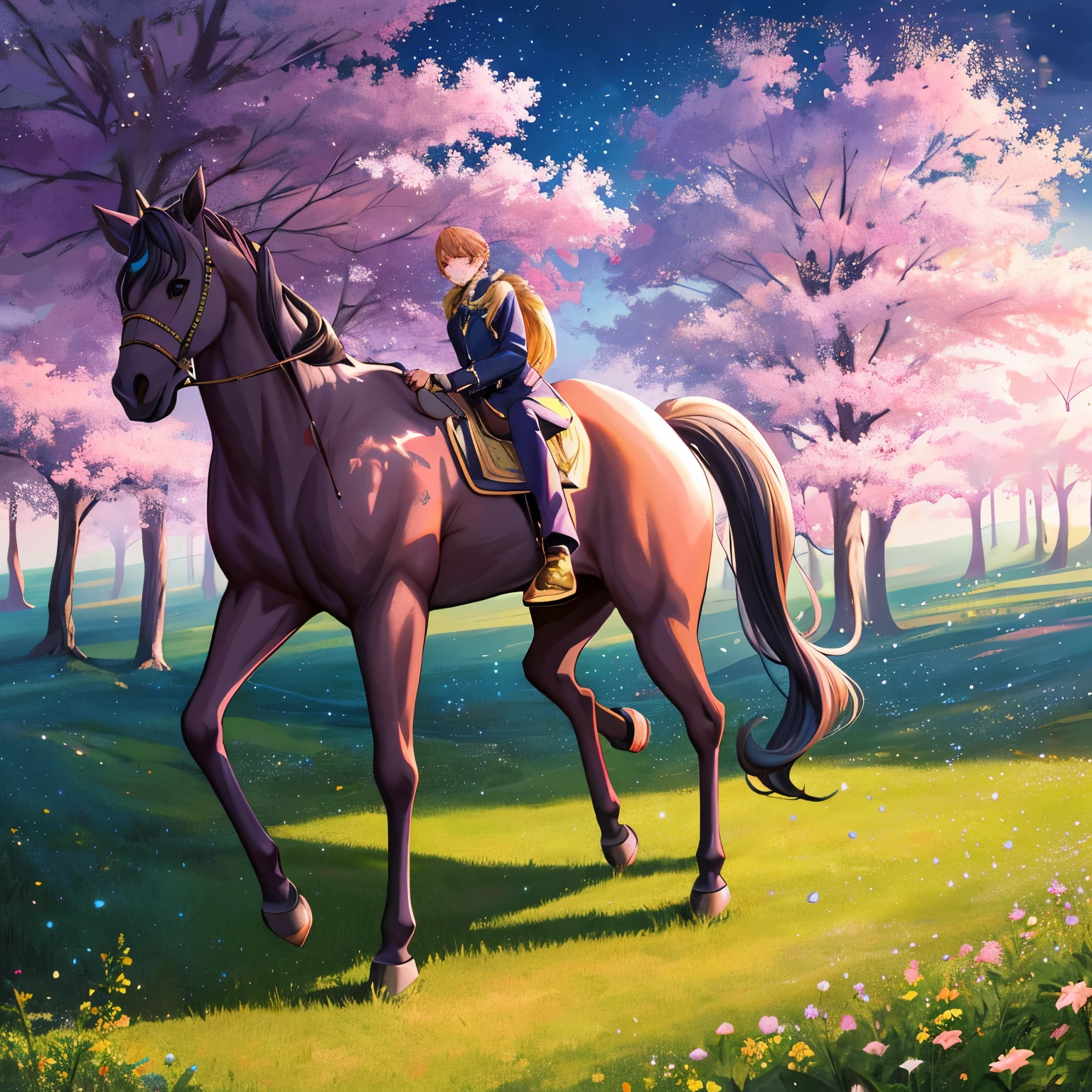 High-resolution, best quality image: A sparkling scene of a horse in the midst of pooping glitter. The horse's coat shines under the sun as golden flecks of glitter scatter around its rear end with each graceful movement. A soft breeze gently rustles its mane as it turns its head to look back Curiosity written all over its expressive face. The glitter, in various shades of pink and blue, globules together and falls gracefully to the ground, creating a magical aura around the tranquil countryside background. The intricate details of the horse's features, from its textured coat to its twinkling eyes, are captured in breathtaking clarity. The