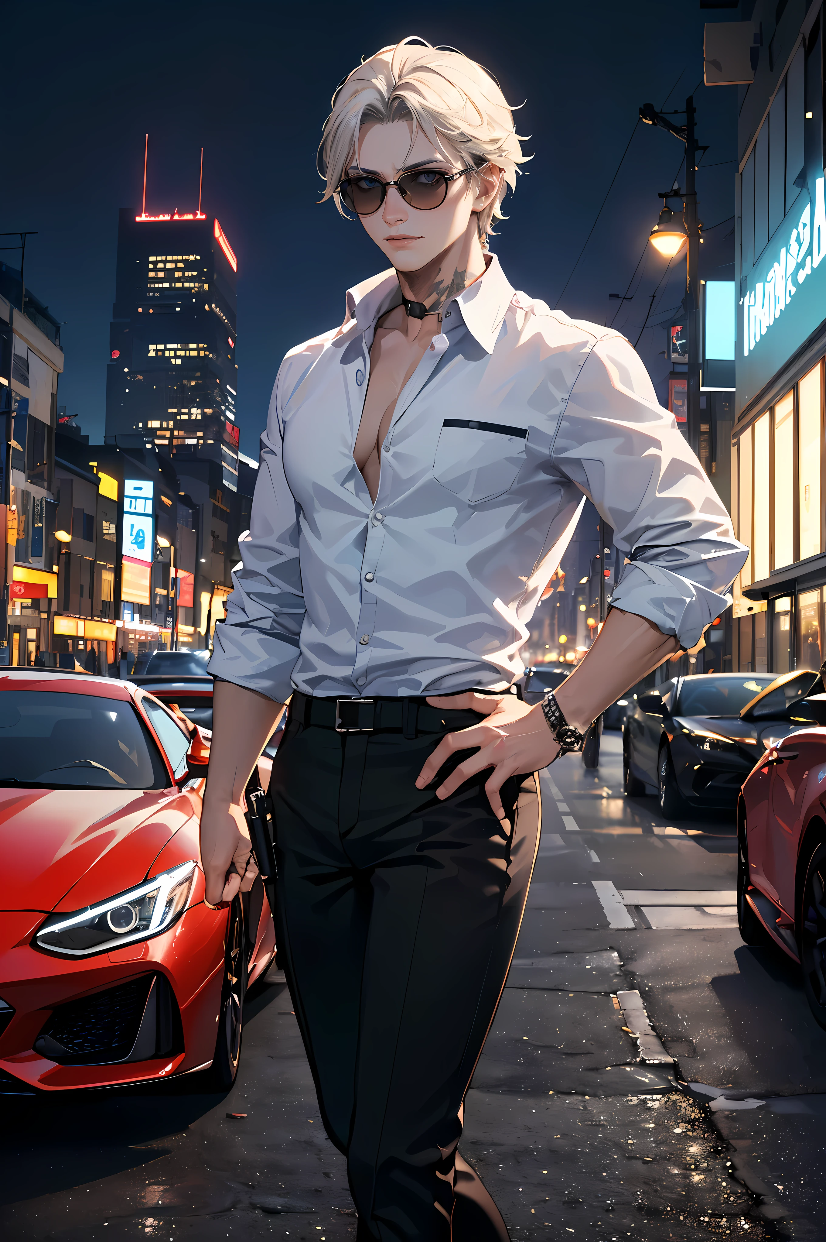 ((Atualmente, A cute and beautiful Man with a dagger in her hand), ((Mafia)), ((sorriso travesso), ((cabelos longos exuberantes)), ((black pants)), (( olhos gradientes)), ((The background is a night view of the city with various sports cars and mafia)), ((camisa social branca)), (Homem chefe de mafia)), ((wearing sunglasses)), ((cabelos platinados)), rosto atraente e masculino, ((Man holding a gun in his hand)), scenario, Yakuza, UHigh definition, retina, obra de arte, preciso, anatomical, Cientificamente correto, Pele texturizada, super detalhe, altamente detalhado, alta qualidade, premiado, maximum quality, High definition, 1080P, High definition, 4k, 8k, 16k