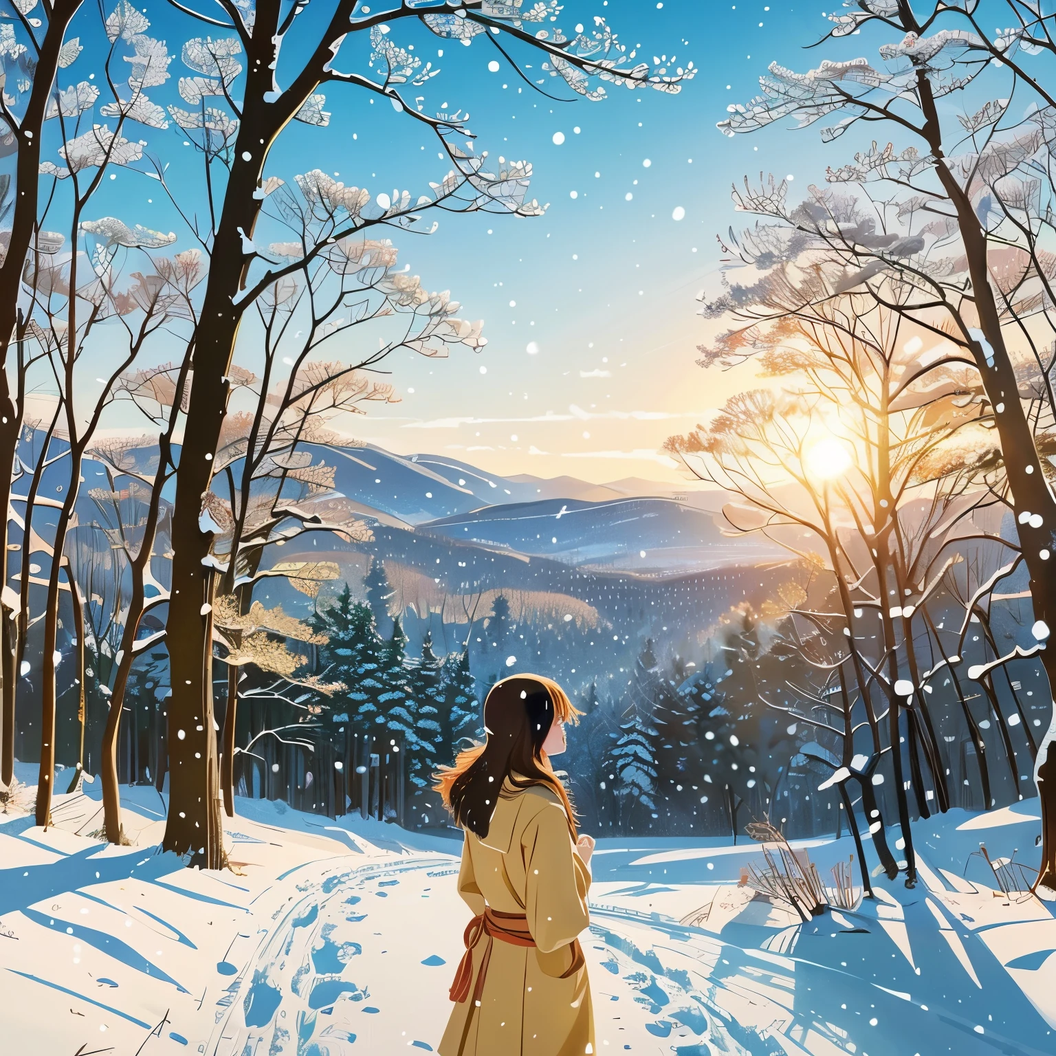 Illustration style、Ukiyo-e、Showa Anime、Woman facing this way、Japanese、The sun is shining in the background、Shinkai Makoto style、The season is winter、You can see the forest in the distance、It's snowing、 (highest quality, super detailed, portrait, Natural light)