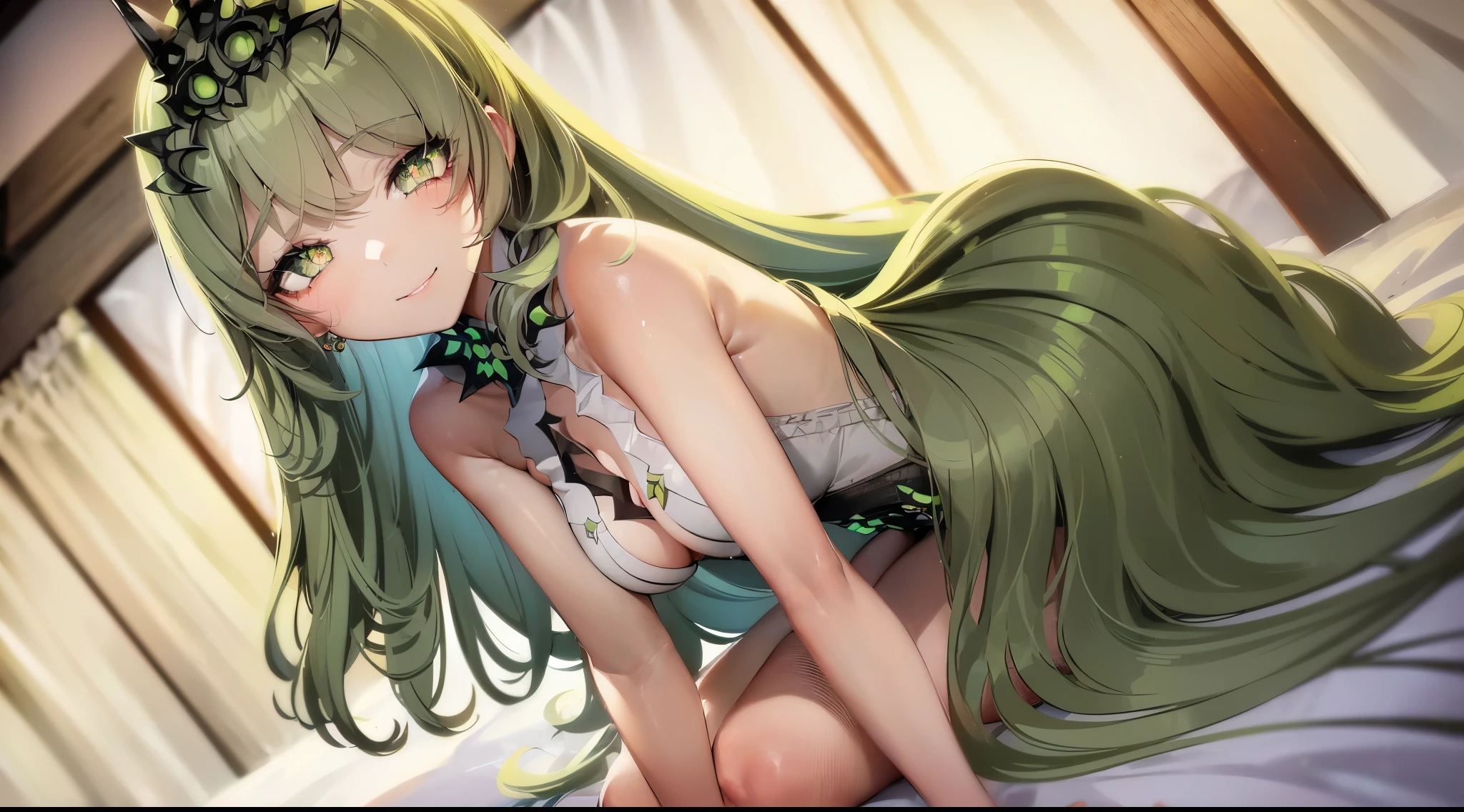 1 girl，Best quality, tmasterpiece, Long green hair, beautiful,detailed eyes, HD, extremely detailed, Visually inspect the audience, The face is slightly red，is shy，full bodyesbian，adolable，Lori small breasts cleavage，white dresses, (sitting on his knees on the bed:1.4), (solo:1.6), seductive smile, (green eyes with beautiful pupils:1.7),