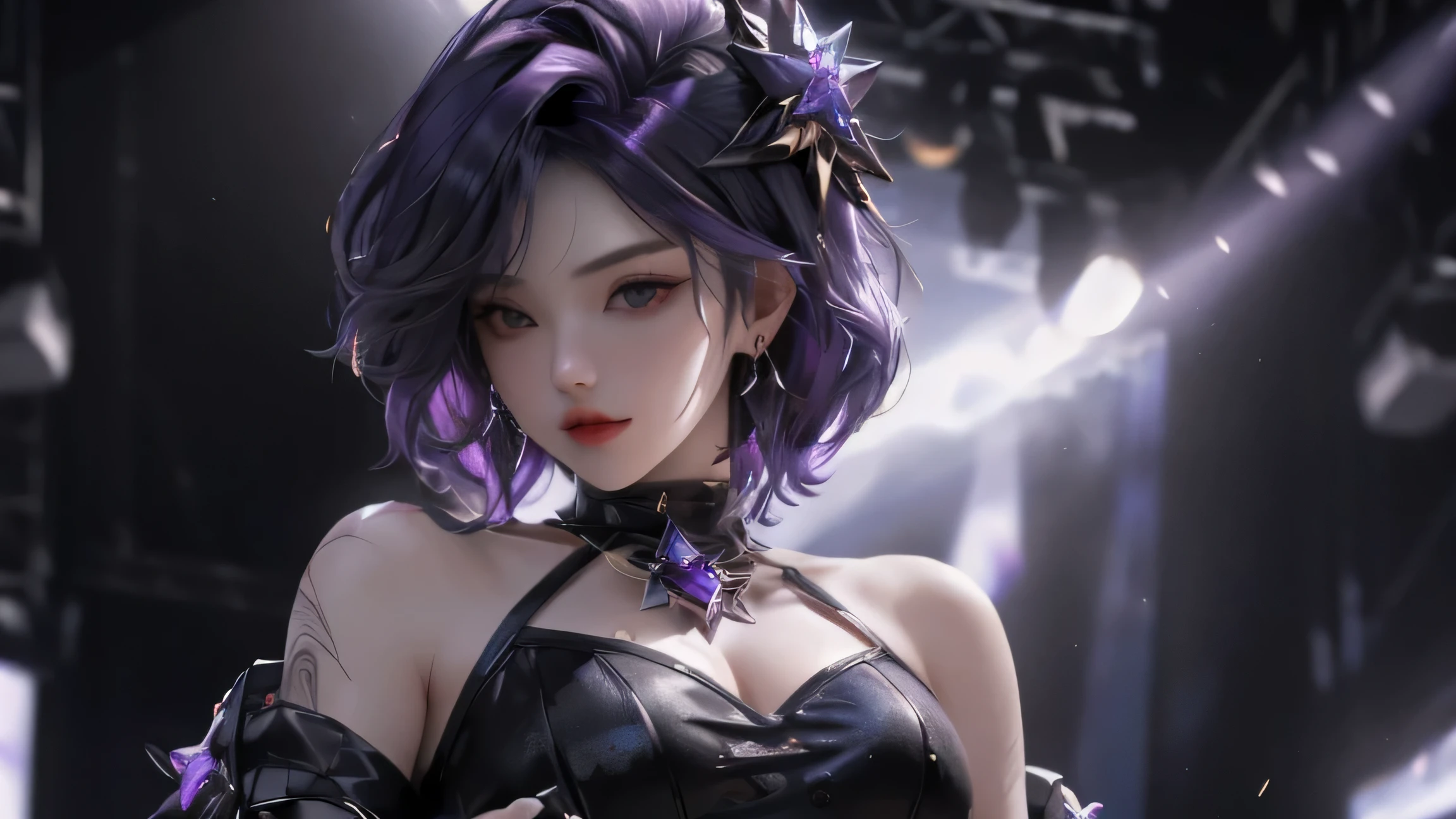 (best quality,4k,8k,highres,masterpiece:1.2),ultra-detailed,(realistic,photorealistic,photo-realistic:1.37),1girl,kda,solo,short hair,black dress,purple hair,looking at viewer,diamond earrings,half upper body,on stage,portraits,vivid colors,stage lights