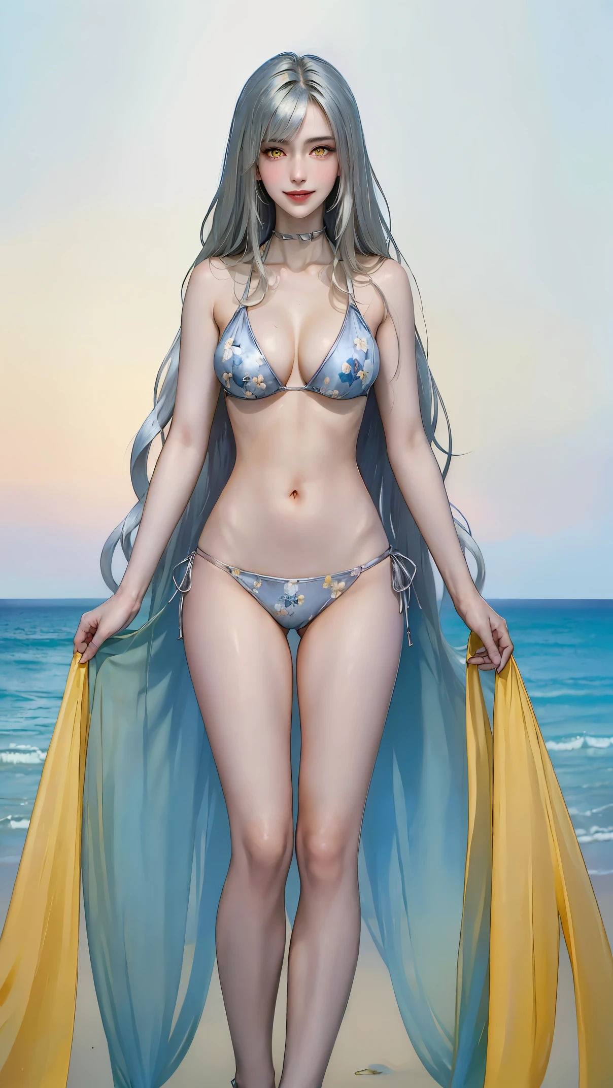 ((((masterpiece, best quality, high resolution)))), (1girl:1.5), ((long silky hair, silver hair, yellow eyes, sharp eyes)), (medium breasts:1.2), blush, (cheeky smile, parted lips), glow, thighs, bare shoulders, collarbone, narrow waist, (slender body figure), (beautiful detailed face, beautiful detailed eyes), ((floral bikini)), (standing up), looking at viewer, beach, (cowboy shot)