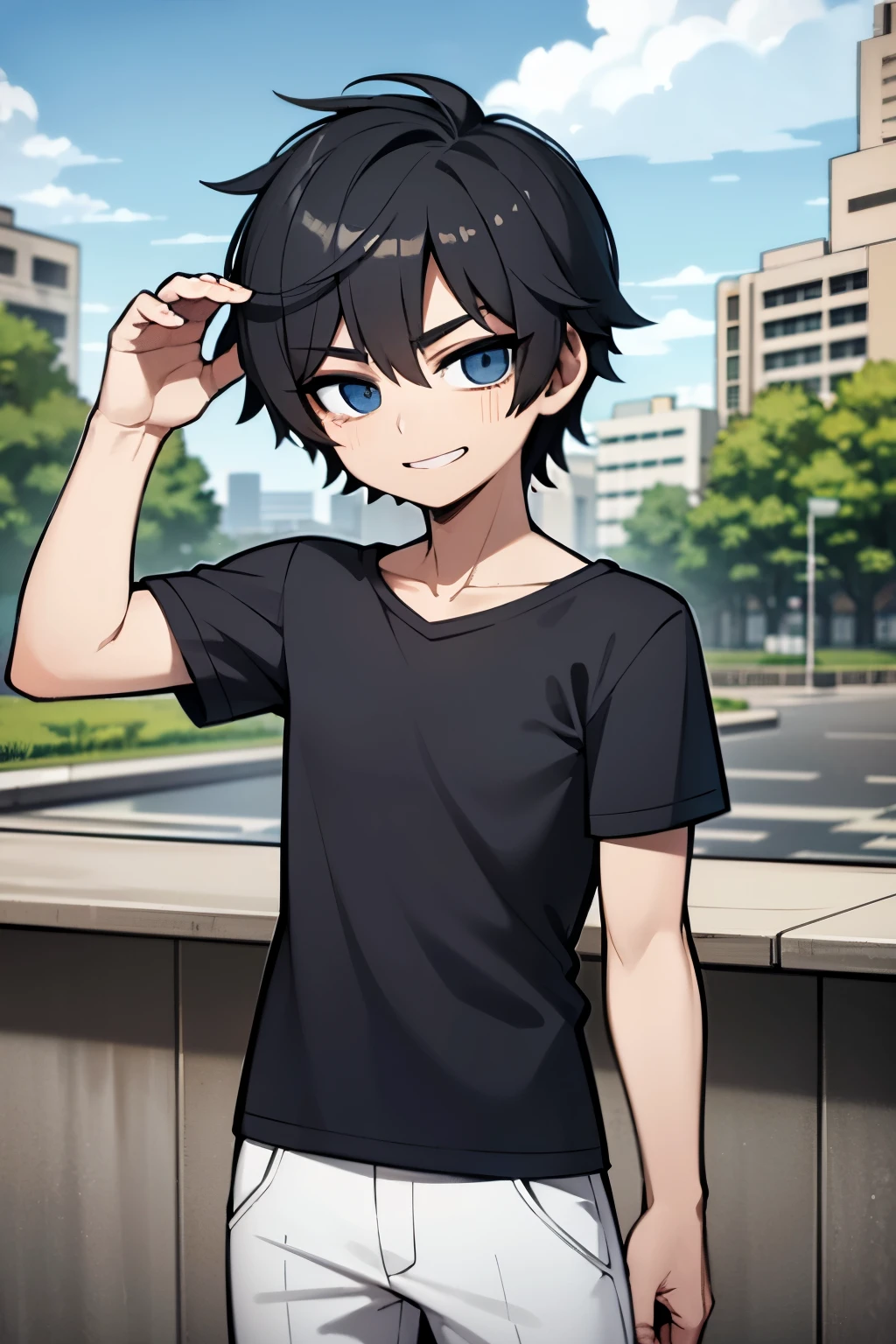 (Chico), (hombre), (Male) (male body)((obra maestra, mejor calidad)), (solo), (enfoque masculino), (sonriente) (de buen humor) (Black hair), (ojos azules)), (different clothes) (cuerpo tonificado) (de alta estatura), de pie, fondo aleatorio, different places, Angle Dynamic, urban zone, dusk, cloudy sky, stormy weather, drizzle