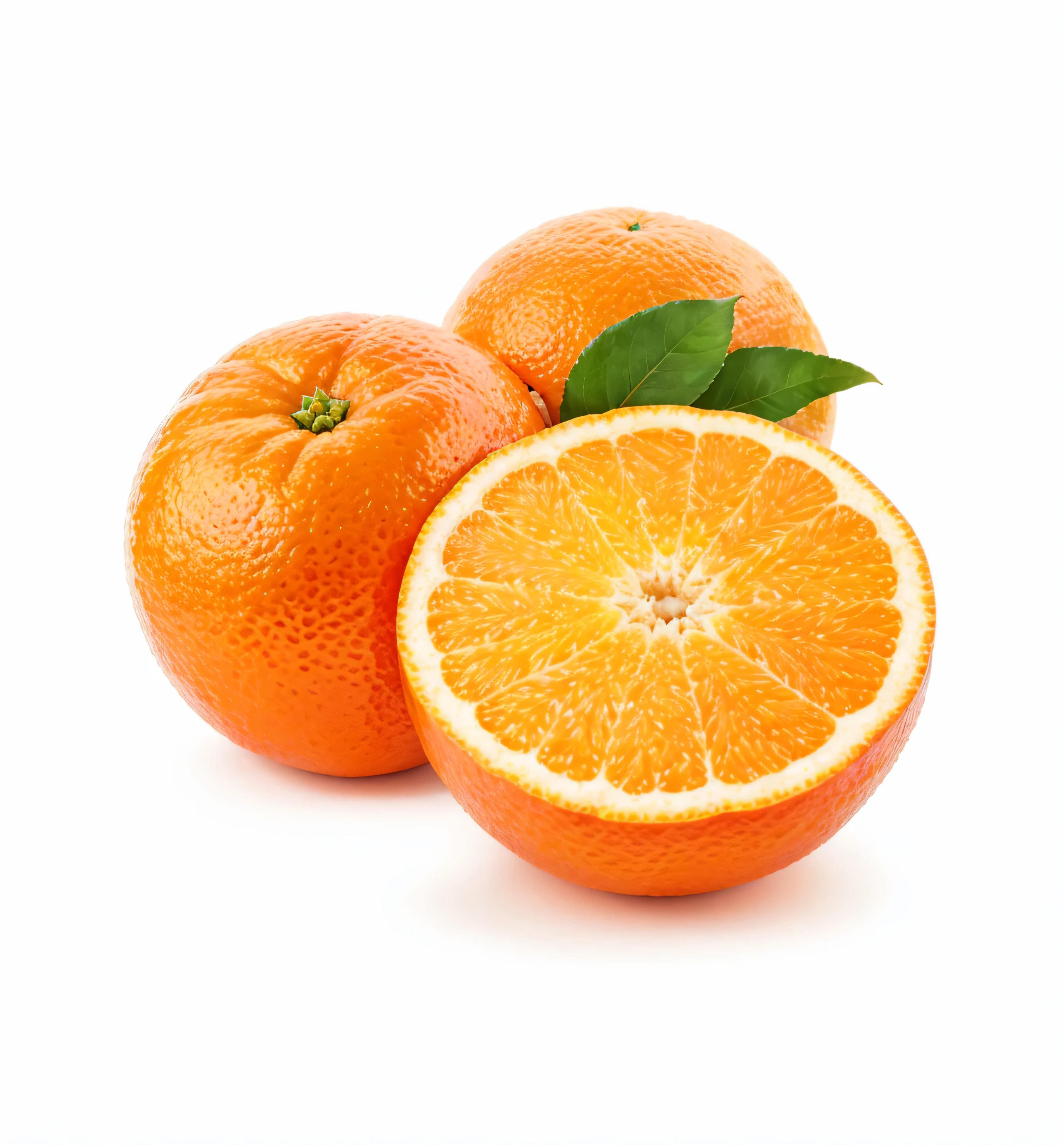 foto de 2 laranjas inteiras e meia laranja, realista