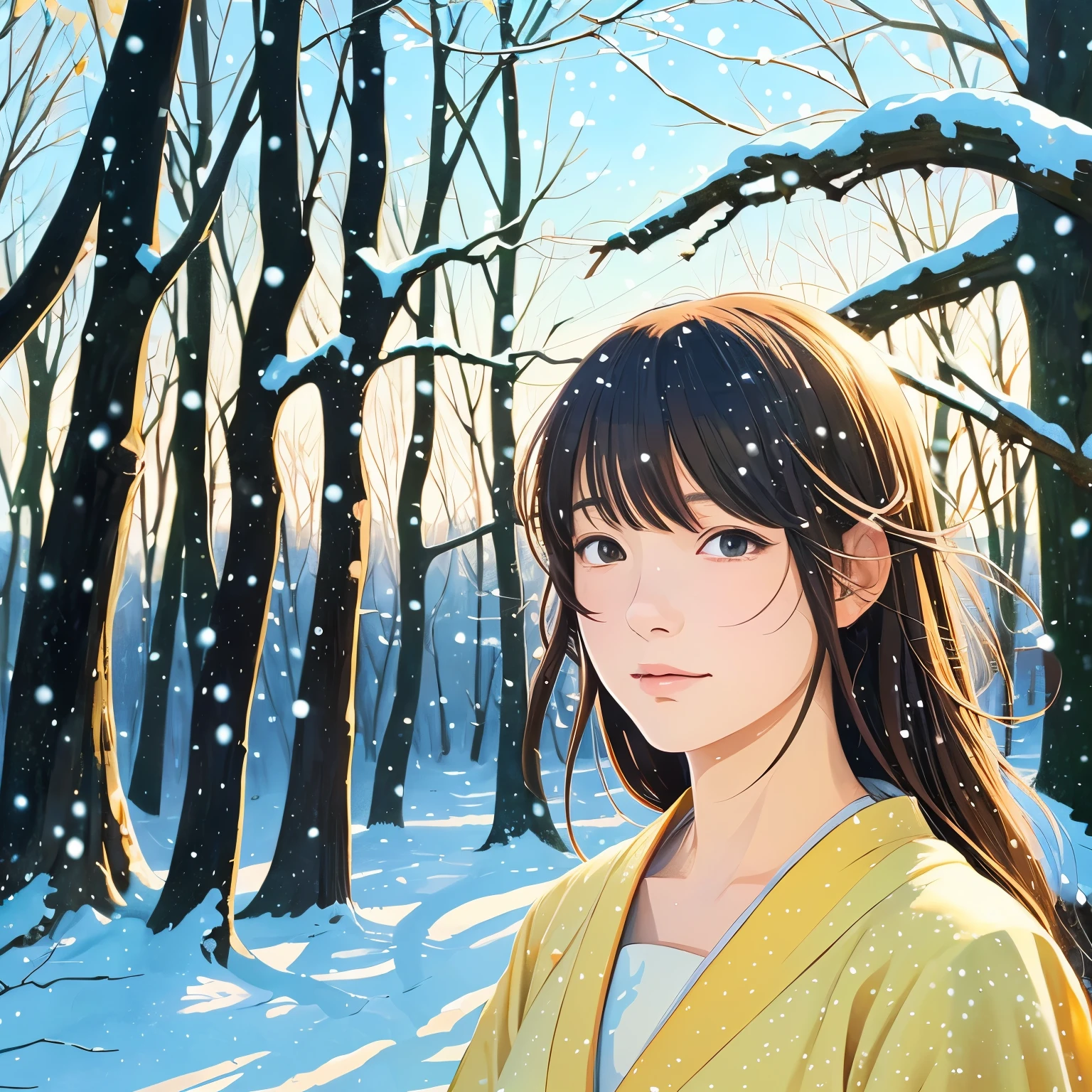 Illustration style、Ukiyo-e、Showa Anime、Woman facing this way、Japanese、The sun is shining in the background、Shinkai Makoto style、The season is winter、You can see the forest in the distance、It's snowing、 (highest quality, super detailed, portrait, Natural light)