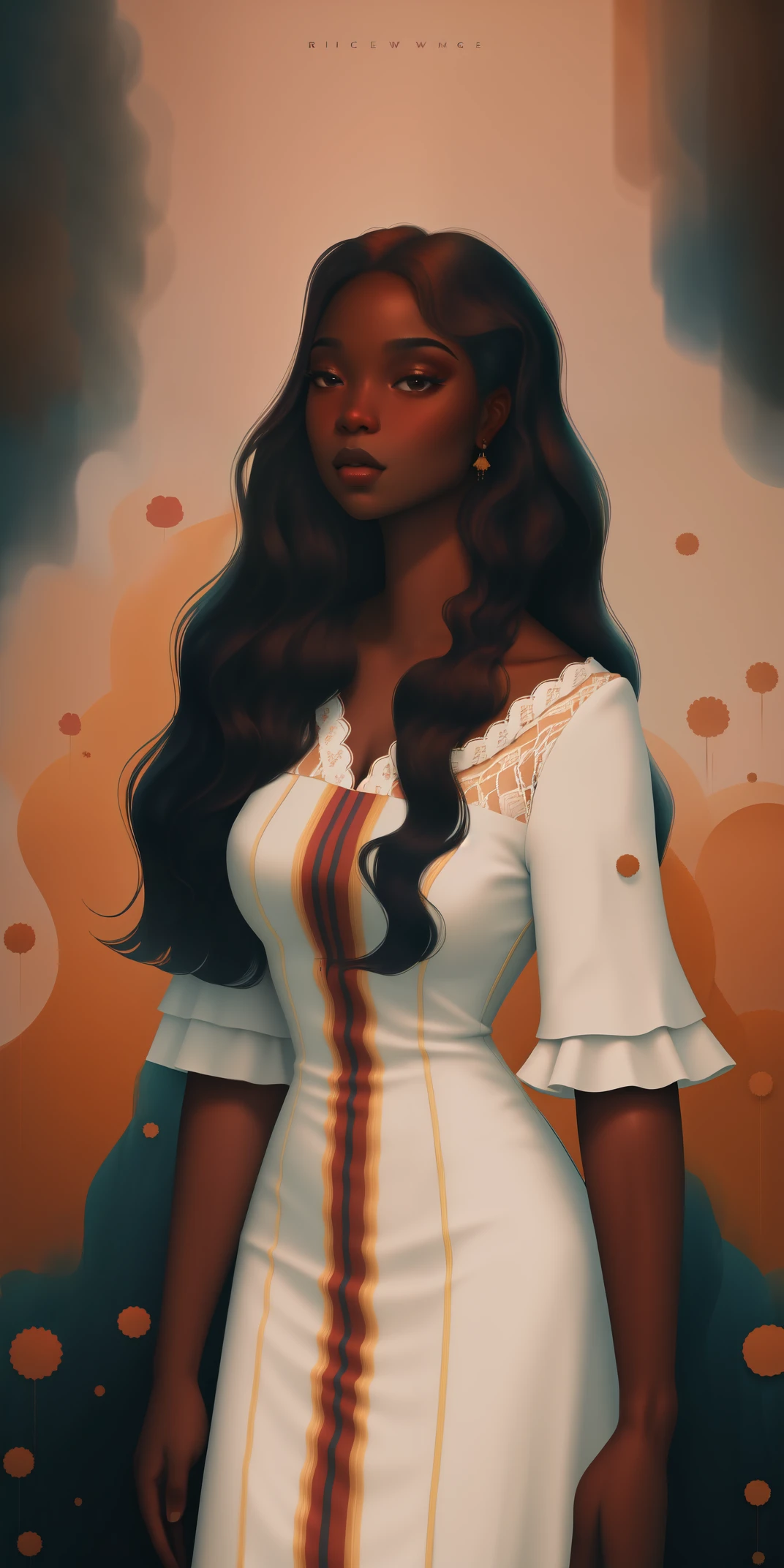 A Congolese black woman with rich dark brown skin, content expression, beautiful, 1woman, intricate detail, long wavy hair, beautiful fitted lace dress, abstract accents in the background 
