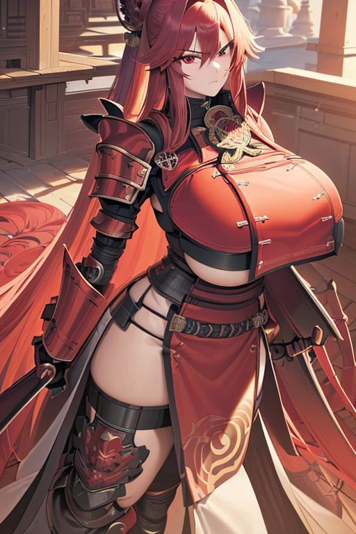 Masterpiece, best quality, 1 girl, long hair, big bust, ((Red Hair), ((Very long hair)),((Red samurai armor, full body red samurai armor)),Sexy,Sensual,Red eyes,Serious, emotionless, adult woman, seductive, ((Huge Boobs, Huge Breasts)), looking angrily at you, huge woman, tall