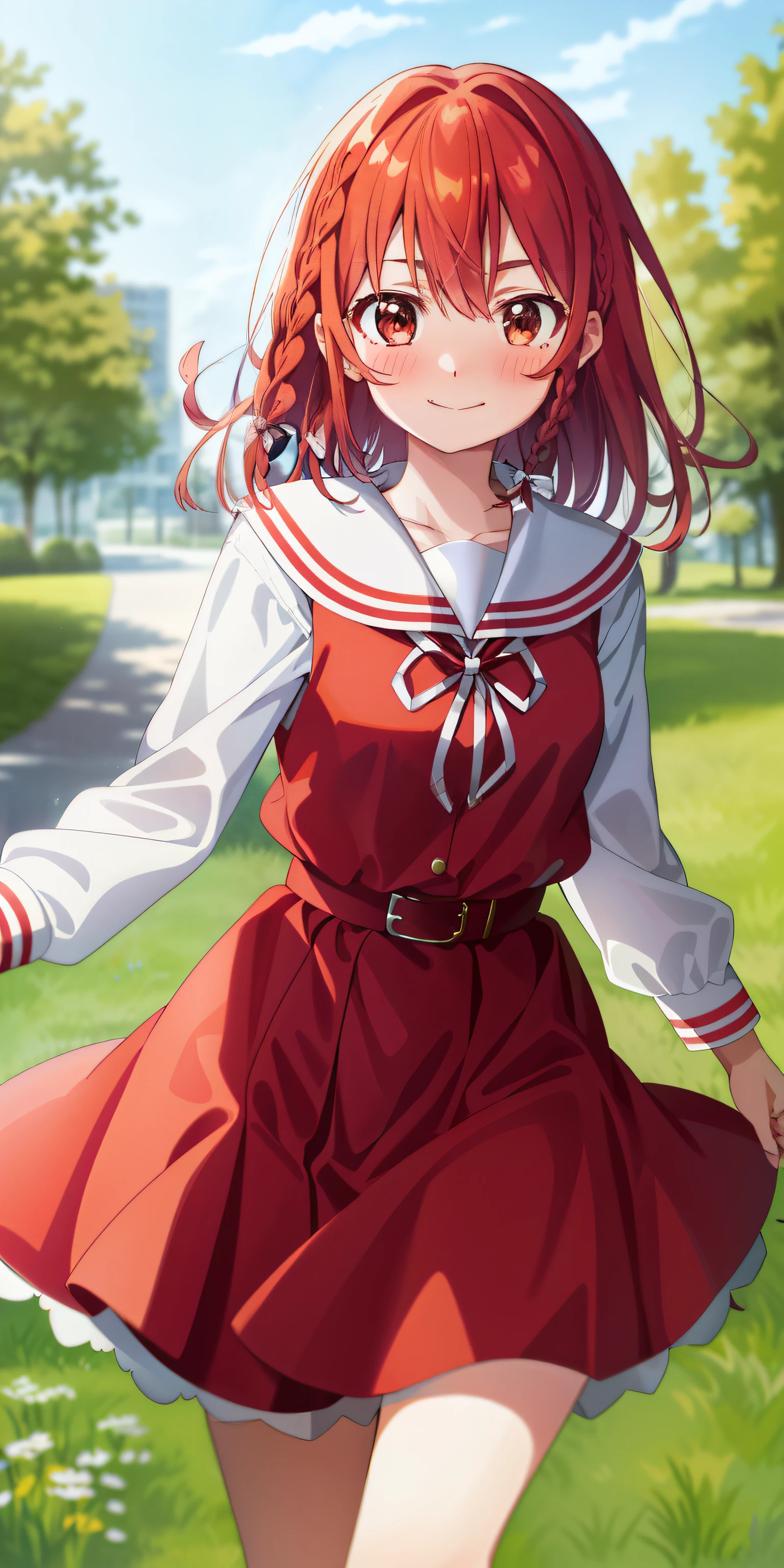 2d, masterpiece, best quality, anime, highly detailed, 1girl, solo, cowboy shot, sumi, single braid, side braid, hair bow, white bow, white shirt, long sleeves, sailor collar, red ribbon, red skirt, pleated skirt, embarrassed, blush, smile, outdoors