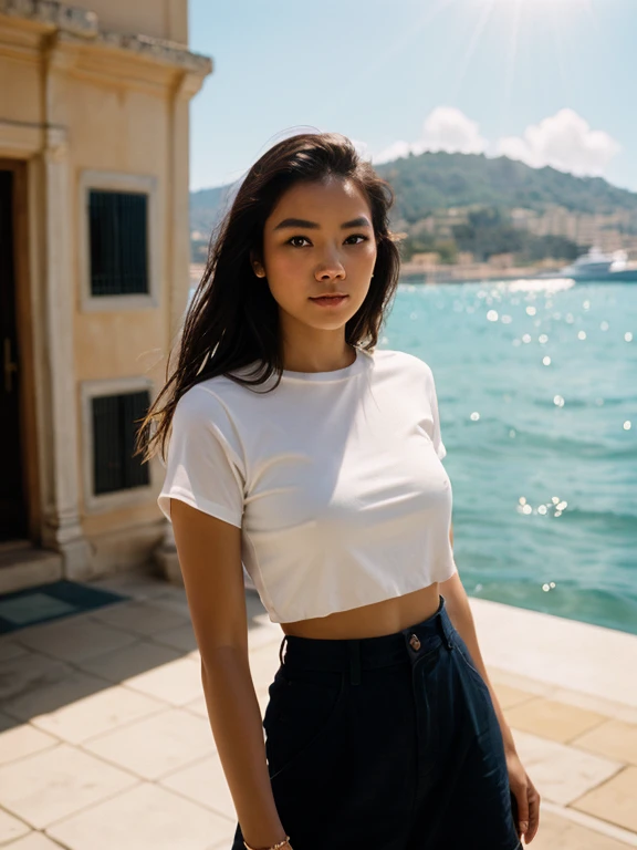 Beautiful Cambodian woman standing outside in the summertime in Monaco. She has long dark brunette hair, the sun rays are beaming on her. the ocean is in the background with houses in the background of Monaco. Sharp, by Lee Jeffries Nikon D850 film Stock Photography 4 Kodak Portra 400 camera F1.6 Lens Rich Colors Hyper Realistic Texture Dramatic Lighting Trend Unrealengine on ArtStation Cinestill 800