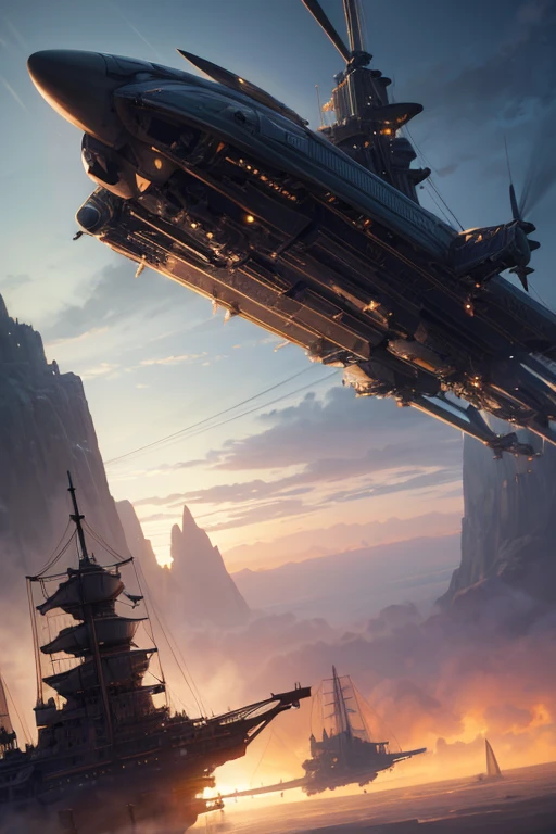 There is a photo of a person flying on an airplane, Steam engine matte paint, epic spaceship scene, Extremely Delicate matte, Wide angle shot of spaceship battle, steampunk airships fly overhead, epic science fiction movie, Depicted as a science fiction scene, Epic cinematic matte painting, Akira CGI stills, Intricate matte painting, Delicate matte
