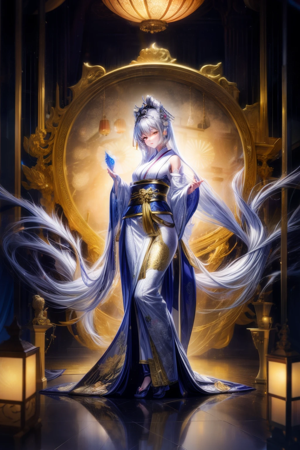 Japanese female photos，20ade white and silver clear glass and plastic, geisha makeup, black hairstyle, Silver and gold metallic interior, dynamic poses, flowing organic structure, Meticulous carving, Lace design, Glowing golden circuit, 七彩neon decoration, Meticulous carving, Lace design, light emitting circuit, neon decoration, H&#39;artistically.r. jiger, Greg Rutowski