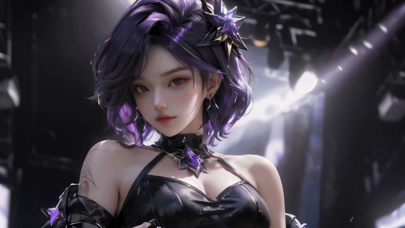 (best quality,4k,8k,highres,masterpiece:1.2),ultra-detailed,(realistic,photorealistic,photo-realistic:1.37),1girl,kda,solo,short hair,black dress,purple hair,looking at viewer,diamond earrings,half upper body,on stage,portraits,vivid colors,stage lights