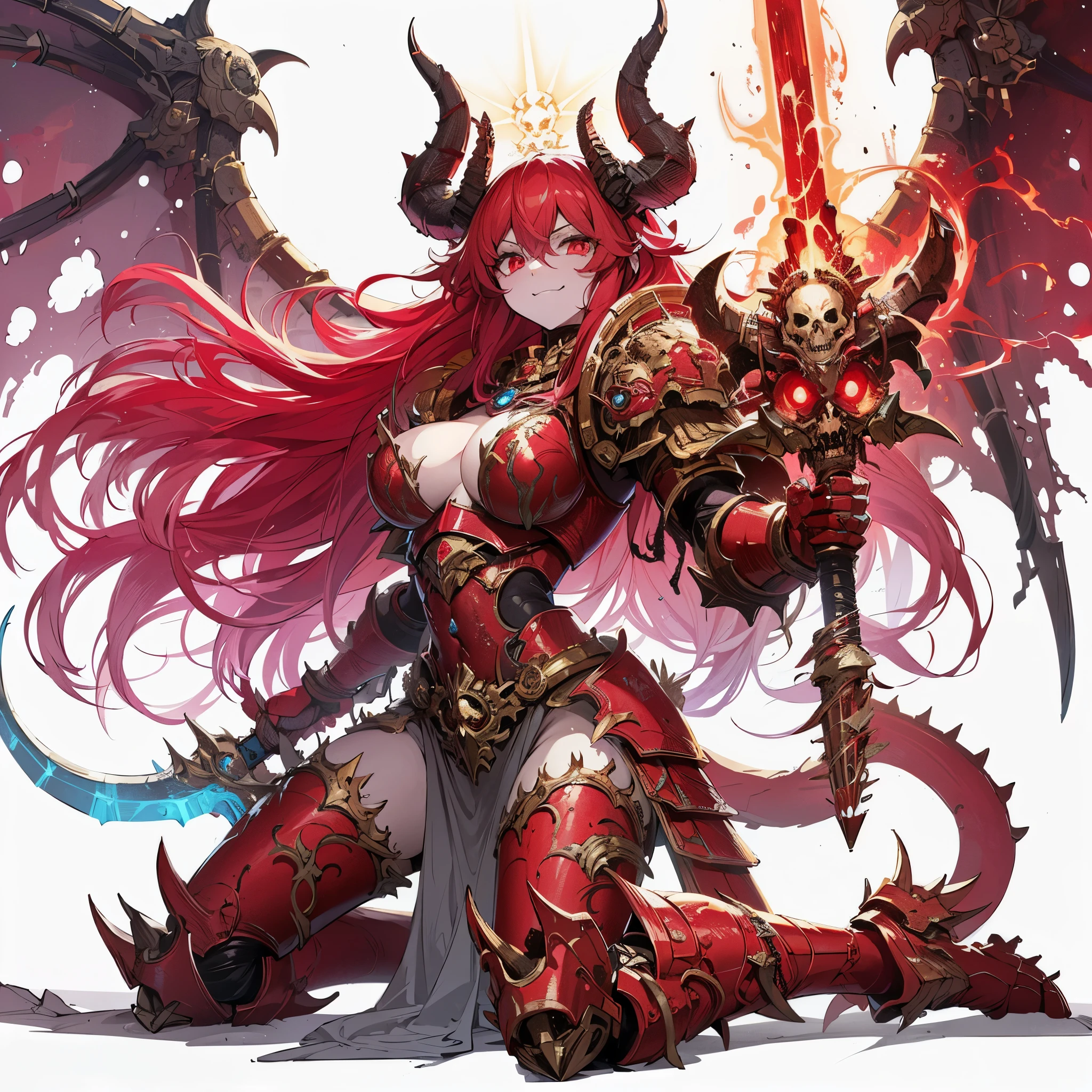 Masterpiece, best quality, ultra-detailed, anime style, full body of Chaos Demon girl, Blood Red and Brass power armor, wild barbarian, held hell sword, pale red skin, clawed and tailed, supernatural Lightning and flame, ((blood skull symbol)), Warhammer 40K, 8k high resolution, trending art station, white background, whole body, standing in battleground. bad smile
