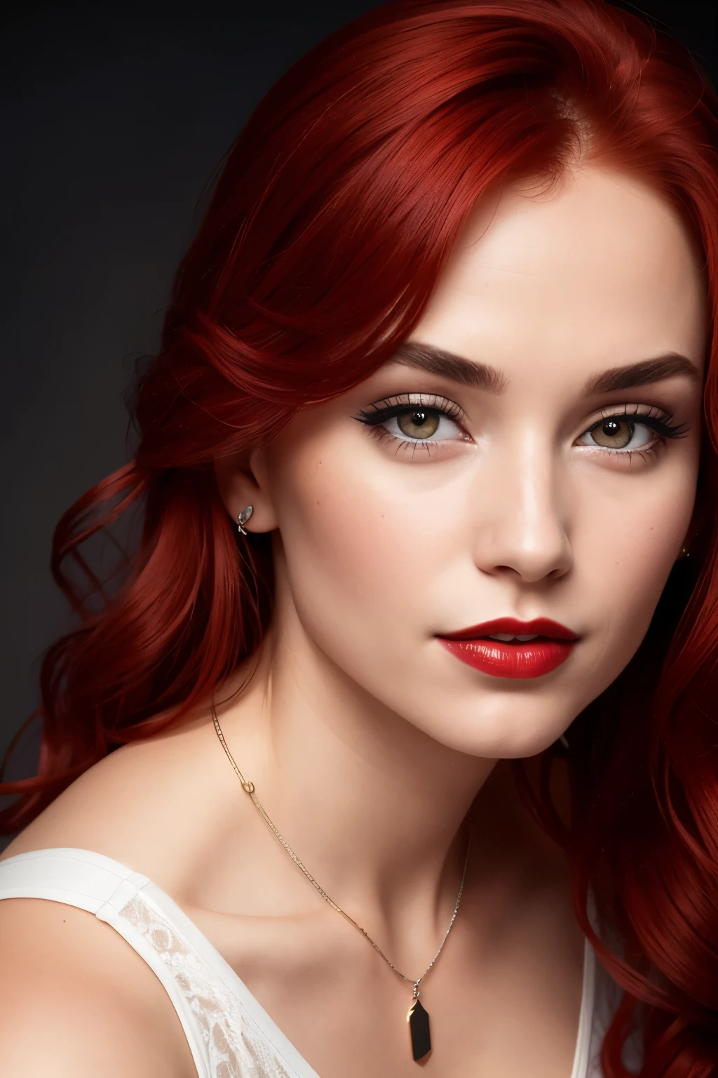 Photo of a 25-year-old woman with a white tank top and necklace, wearing Lederhose, Super realistically textured face, Ultra-realistic, Meticulously detailed, Gaze directly into the camera with natural, make-up-free eyes, Decent make-up on her face, Medium to large bust, Kneeling on the asphalt in the citycenter, Red hair, Red lipstick.
Captured in pristine 8K resolution, this masterpiece presents an extraordinarily realistic portrait, featuring a captivatingly detailed face with an ultra-sharp, 2.1 megapixel definition. The Canon EOS R