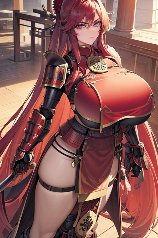 Masterpiece, best quality, 1 girl, long hair, big bust, ((Red Hair), ((Very long hair)),((Red samurai armor, full body red samurai armor)),Sexy,Sensual,Red eyes,Serious, emotionless, adult woman, seductive, ((Huge Boobs, Huge Breasts)), looking angrily at you, huge woman, tall