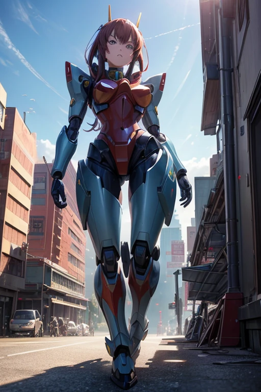 masterpiece,highest quality,Realistic,One girl,Mature Woman,ultramarie,armor,Shine,Shine_eye,Helmet,Mecha,robot,Twin tails,yellow_eye,Huge breasts,Wide Hips,(Sitting, Crossing your legs),street,