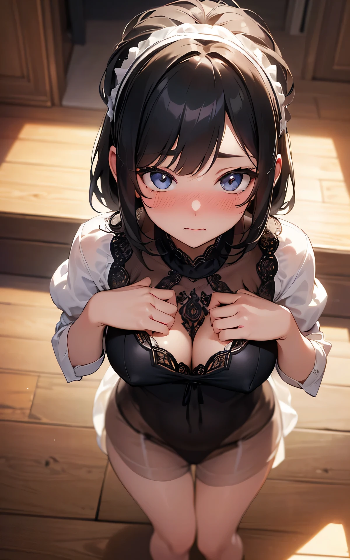 (Unity 16K Wallpaper, Masterpiece, Best Quality, Ultra Detailed, Extremely Detailed CG, Ultra High Resolution, Caustics, Detailed, Beautiful Detailed Eyes, solo, curby:1.3, negligee, full-face blush, embarrassed, from above,), fine skin, black hair

