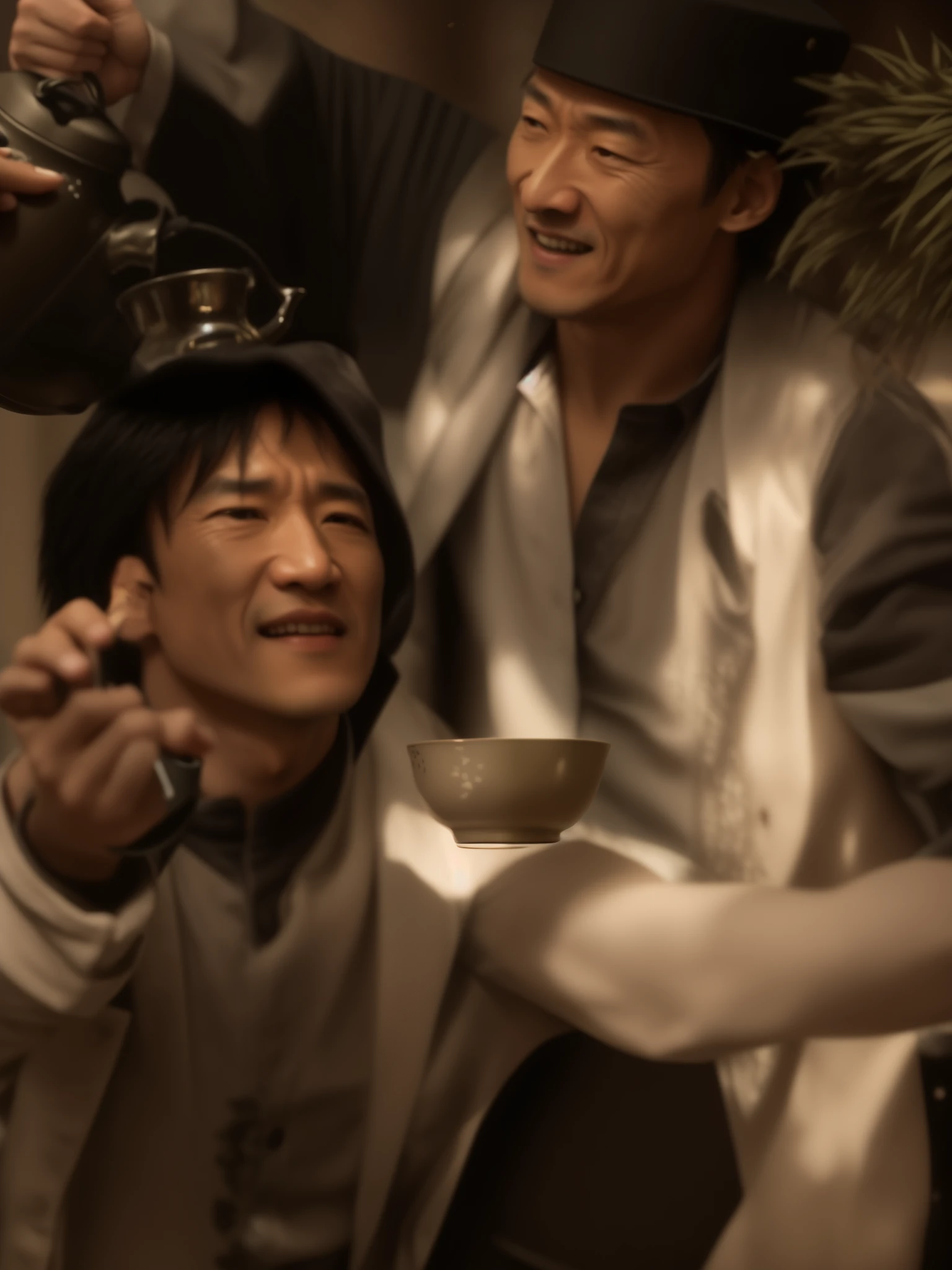 aA stylistic rendering of Jackie Chan's character from "Drunken Master", holding a kettle and a cup, with a nod to his comedic and acrobatic style., nervous smile, high detail, Surrealism, cinematic lighting, depth of field, Fujicolor, film grain, reflection light, cowboy shot, foreshortening, UHD, masterpiece, textured skin, super detail, high quality, award winning, 4K, HD, 1080P, highres