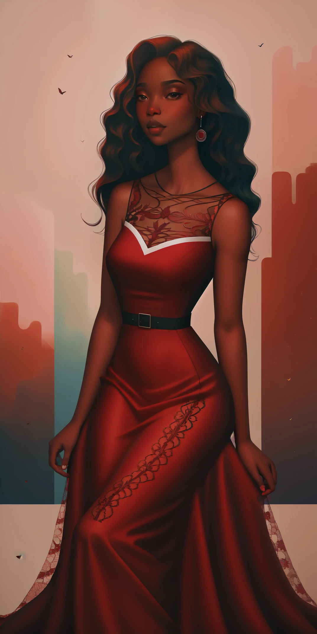 A Congolese black woman with rich dark brown skin, content expression, beautiful, 1woman, intricate detail, long wavy hair, beautiful fitted sheer burgundy lace dress, abstract accents in the background