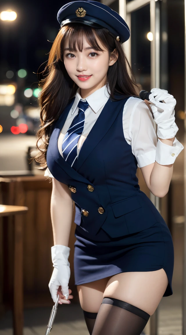 (((full body,including legs)))、(((perfect uniform of Japanese stewardess, blue striped necktie, vest-dress uniform、small hat, white formal short gloves,(black high-heel), ((with a mini mic in her hand))),bus guide,日本のバスガイド、little smile,white blouse,tight blouse)))、(((navy bowler hat),navy hat)), white gloves, short gloves, high heel、Dressed up、(Photo real:1.4)、(A hyper-realistic:1.4)、(Photorealistic:1.3)、 (gentle lighting: 1.05)、(Improve the lighting quality of your video:0.9)、32k、 1Girl、28years old girl、photorealistic lighting、Back lighting、Facial Lights、Ray Trace、(bright:1.2)、(Increase quality:1.4)、 (best quality real texture skin)、Fair eyes,Delicate and delicate face, Close-up of the breasts, white blouse,tight blouse,tight vest-dress uniform, (Bodyline mood improvement:1.1)、goofigure,Glossy skin、wavy hair,blonde hair,韓国アイドル、乃木坂アイドル、Sculptural Idol Pose、little smile,blush,Beautiful actress、Neat woman,whole body, (((midium breasts,beautiful breasts))),(perfect row of teeth),slender waist and hip,beautiful long legs,full shot)、((8heads tall)、(((誘惑している、恥ずかしい)))、dynamic pose,gravure pose,(eye shadow),((red cheek、red lips)),Super Clean Night View、night time、blush,little smile,(((full shot)))、(((in the elevater))),