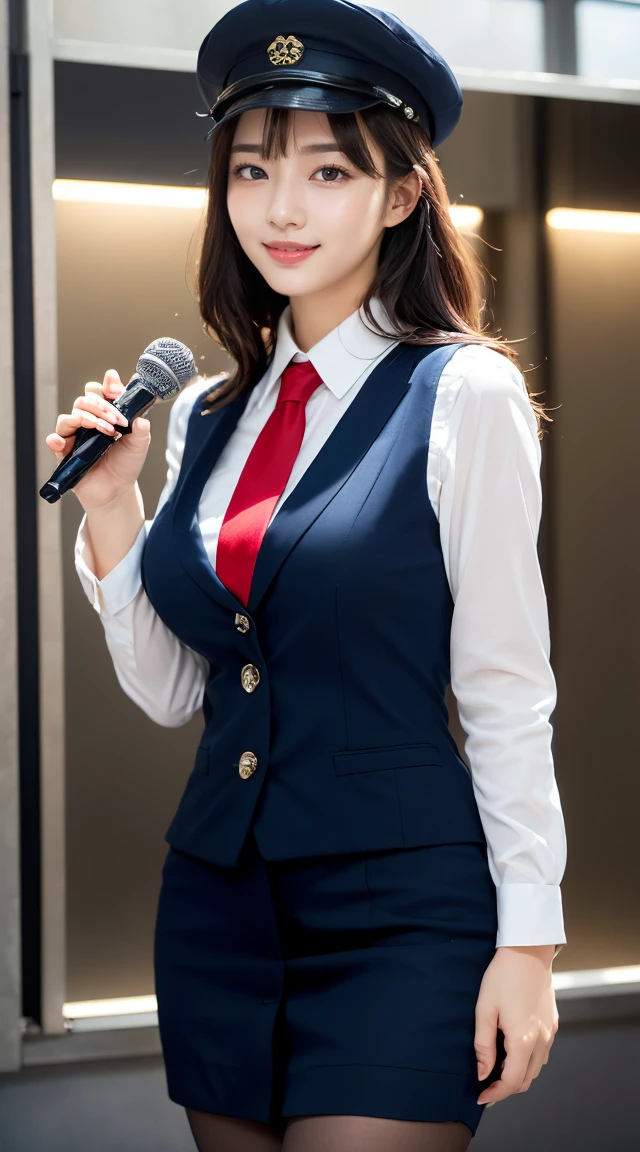 (((full body,including legs)))、(((perfect uniform of Japanese stewardess, blue striped necktie, vest-dress uniform、small hat, white formal short gloves,(black high-heel),  ((with a mini mic in her hand))),bus guide,日本のバスガイド、little smile,white blouse,tight blouse)))、(((navy bowler hat),navy hat)), white gloves, short gloves,  high heel、Dressed up、(Photo real:1.4)、(A hyper-realistic:1.4)、(Photorealistic:1.3)、 (gentle lighting: 1.05)、(Improve the lighting quality of your video:0.9)、32k、 1Girl、28years old girl、photorealistic lighting、Back lighting、Facial Lights、Ray Trace、(bright:1.2)、(Increase quality:1.4)、 (best quality real texture skin)、Fair eyes,Delicate and delicate face, Close-up of the breasts, white blouse,tight blouse,tight vest-dress uniform, (Bodyline mood improvement:1.1)、goofigure,Glossy skin、wavy hair,blonde hair,韓国アイドル、乃木坂アイドル、Sculptural Idol Pose、little smile,blush,Beautiful actress、Neat woman,whole body, (((midium breasts,beautiful breasts))),(perfect row of teeth),slender waist and hip,beautiful long legs,full shot)、((8heads tall)、(((誘惑している、恥ずかしい)))、dynamic pose,gravure pose,(eye shadow),((red cheek、red lips)),Super Clean Night View、night time、blush,little smile,(((full shot)))、(((in the elevater))),